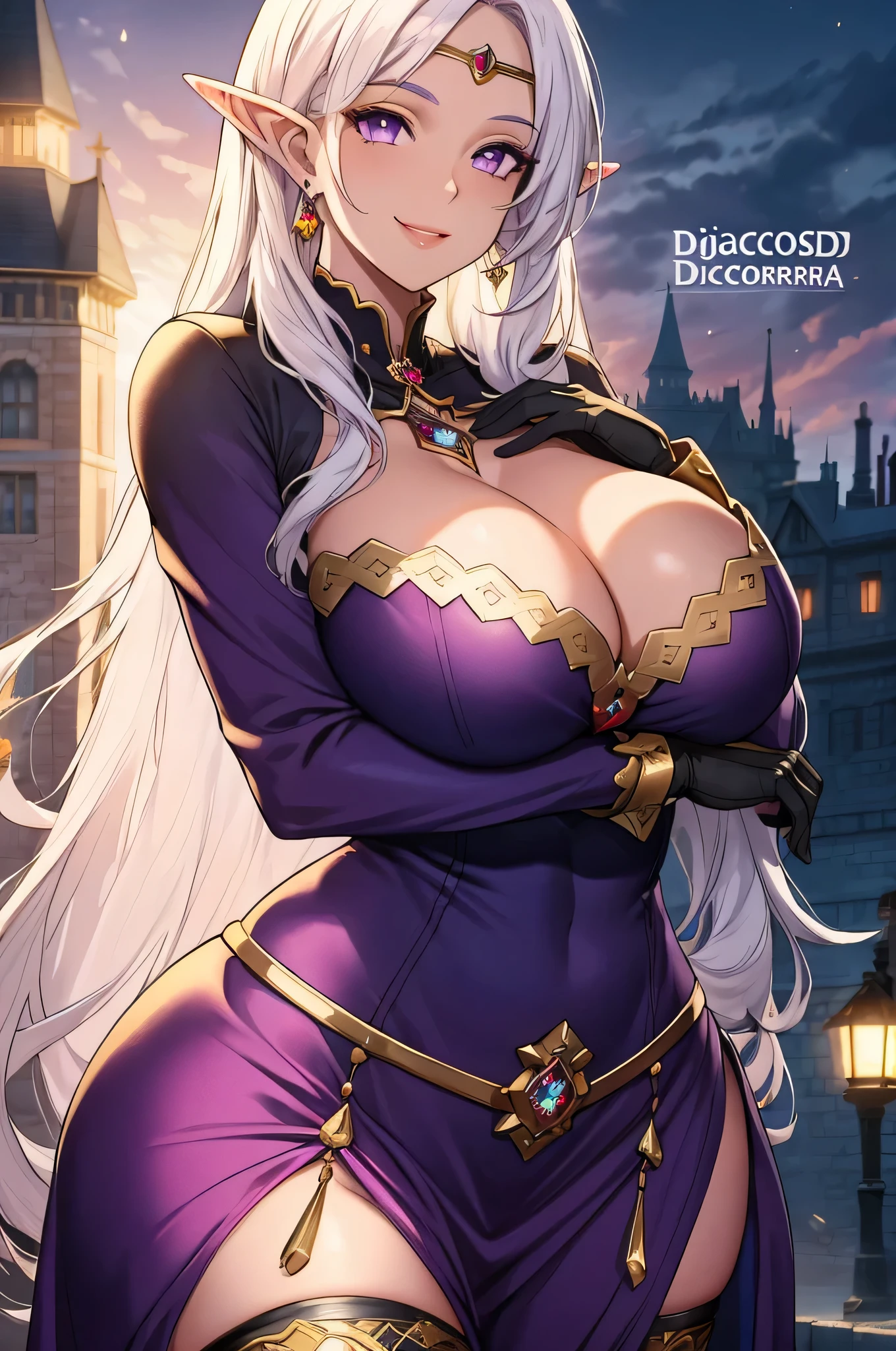 olga discordia, long white hair, long elf ears, dark elf, colored skin, black skin, hair stick, bangs, violet eyes, solo, smiling, standing, upper body, hips, bare shoulders,purple thighhighs,violet dress, gold jewelry,armor,gloves,circlet, cleavage, red and gold royal castle, gigantic breasts, (best quality, masterpiece, beautiful and aesthetic:1.2, highest detailed face, perfect face,) eyes, perfect face,expressive eyes,
looking at viewer, in the center of the image,(Upper_body),(Focus on her face),
official art,extremely detailed CG unity 8k wallpaper, perfect lighting,Colorful,
(masterpiece:1.0),(best_quality:1.0), ultra high res,4K,ultra-detailed