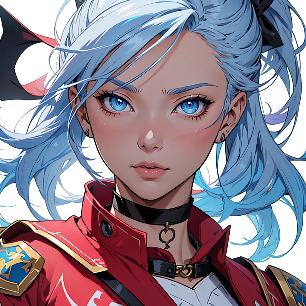 medieval anime art, masterpiece, best quality, by professional artist, female, solo, upper body portrait, detailed composition, detailed eyes, (((white background))), light blue hair, light blue eyes, ponytail, serious face, wearing red and yellow armor, pink lipstick, mature, choker