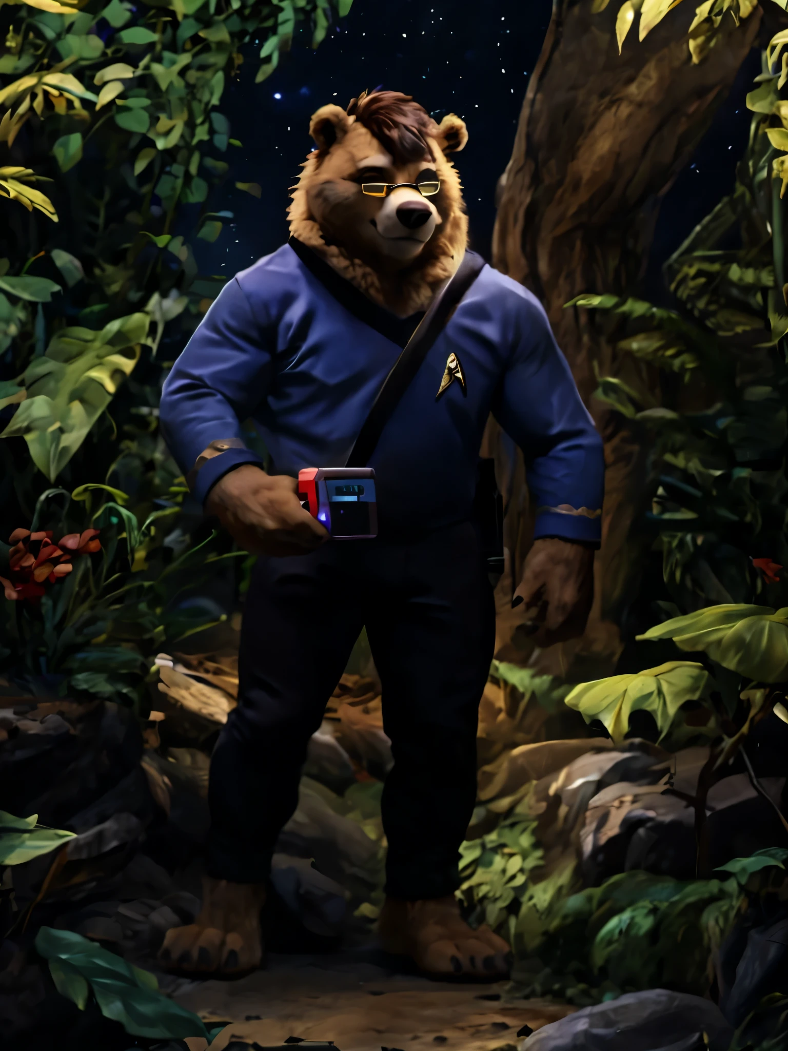 Barefoot furry character from Star Trek franchise, full body, solo, furry male, vivid colors, cinematic. Barefoot nerdy and beefy bear cadet (tan and light brown fur, darker hair) examining old mysterius and abandoned ruins overgrown with vegetation in jungle on another planet, holding tricorder (a fictional handheld sensor that exists in the Star Trek universe) in his hand. His uniform with the Starfleet Delta badge of science department on his chest is a perfect match for his muscular figure. Long black pants and blue shirt. Dark jungle with exotic plants with red and purple leaves. Correct and detailed eyes with green iris behind glasses. Nice big feet paws. BREAK, detailed background, 8K, (masterpiece:1.5), intricate details, highly detailed, extreme detail, octane render, Professional Photography, fine art, best quality, highres, (perfect face:1.1), ((full_body)), UHD, (((perfect hands))), low ligth:1.2