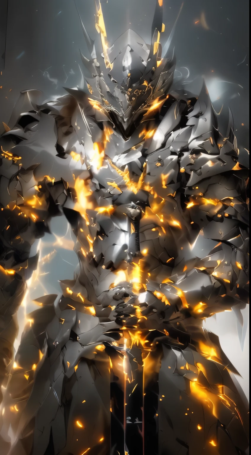 arafed knight in armor standing in a dark room with a sword, black fire color reflected armor, cyberpunk flame suit, berserk skullknight black armor, heavy metal armor, cybernetic flame armor, black heavy armor, corrupted armor, cybernetic fire armor, full body x-force outfit, heavy sliver armor, spiked scrap metal armorClose-up of a man with a sliver sword, glowing Gold soul blade, Glowing sword, glowing sword in hand, intricate glowing mecha armor, sleek glowing armor, Amazing 8K character concept art, style of duelyst, krenz cushart and artem demura