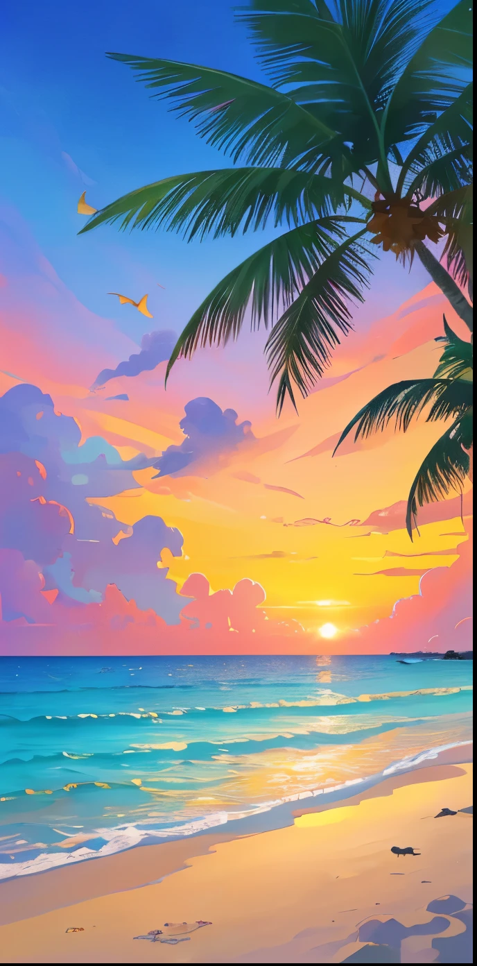(best quality, ultra-detailed, vivid colors, HDR), peaceful and picturesque, a tropical paradise, with pristine sandy beaches and crystal-clear turquoise waters, surrounded by lush green palm trees and exotic flowers, where the gentle breeze carries the sweet scent of tropical fruits, and the sound of waves crashing against the shore creates a soothing melody. The sky above is painted with hues of soft pinks and oranges, as the sun sets behind a tranquil horizon. In this paradise, vibrant tropical birds soar through the sky, filling it with their vibrant colors and melodic songs. The scene is completed by a small wooden beach shack, where visitors can relax and enjoy the breathtaking beauty of this heavenly oasis.