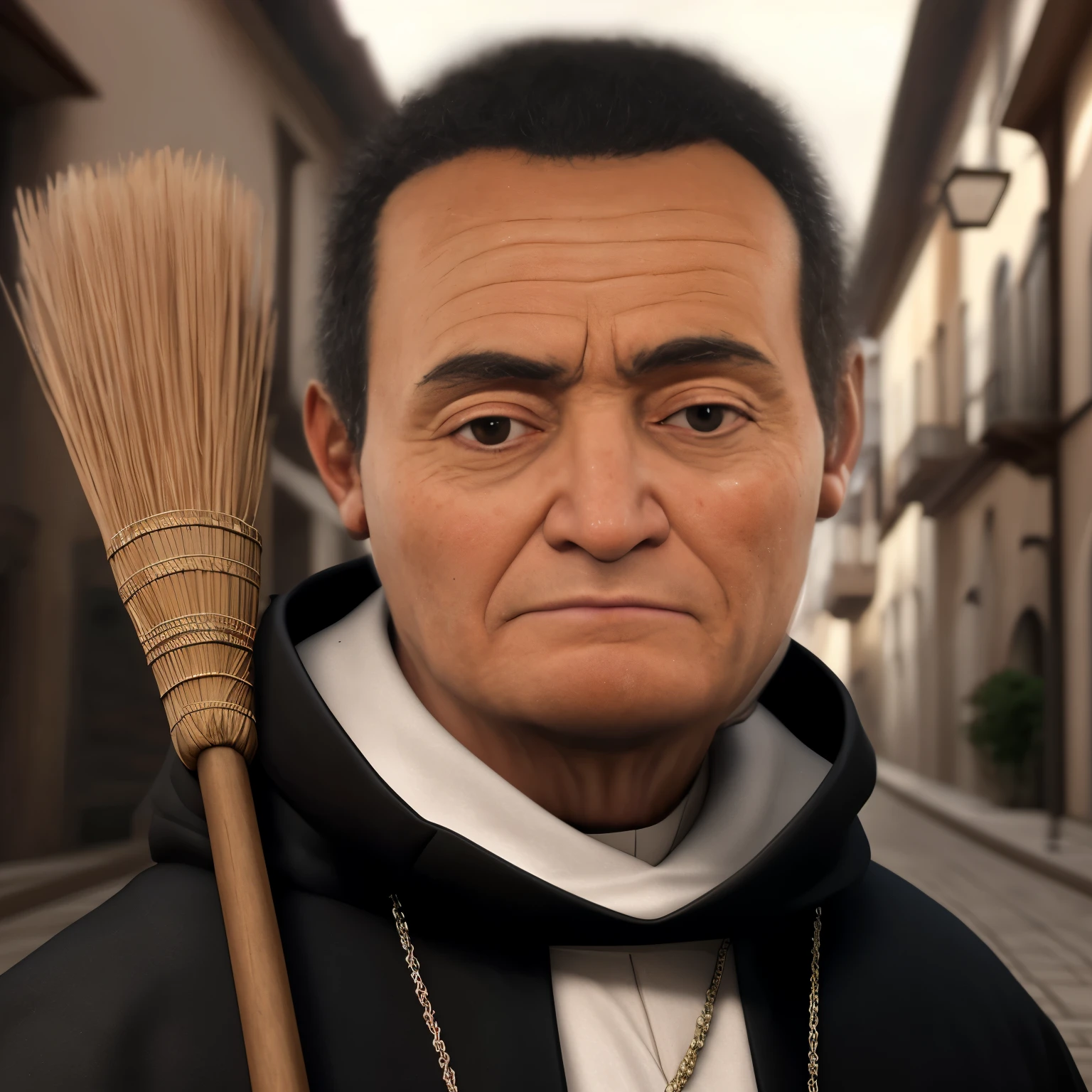 sharp man in a black robe holding a broom on a street, rosto restaurado realista, pintado digitalmente, inspirado em Cagnaccio di San Pietro, inspirado em Bartolomeo Cesi, 2 1 st century monge, inspirado em Taddeo Gaddi, cristiano ronaldo as pope, monge, inspirado em Bernardo Daddi, an evil Catholic priest