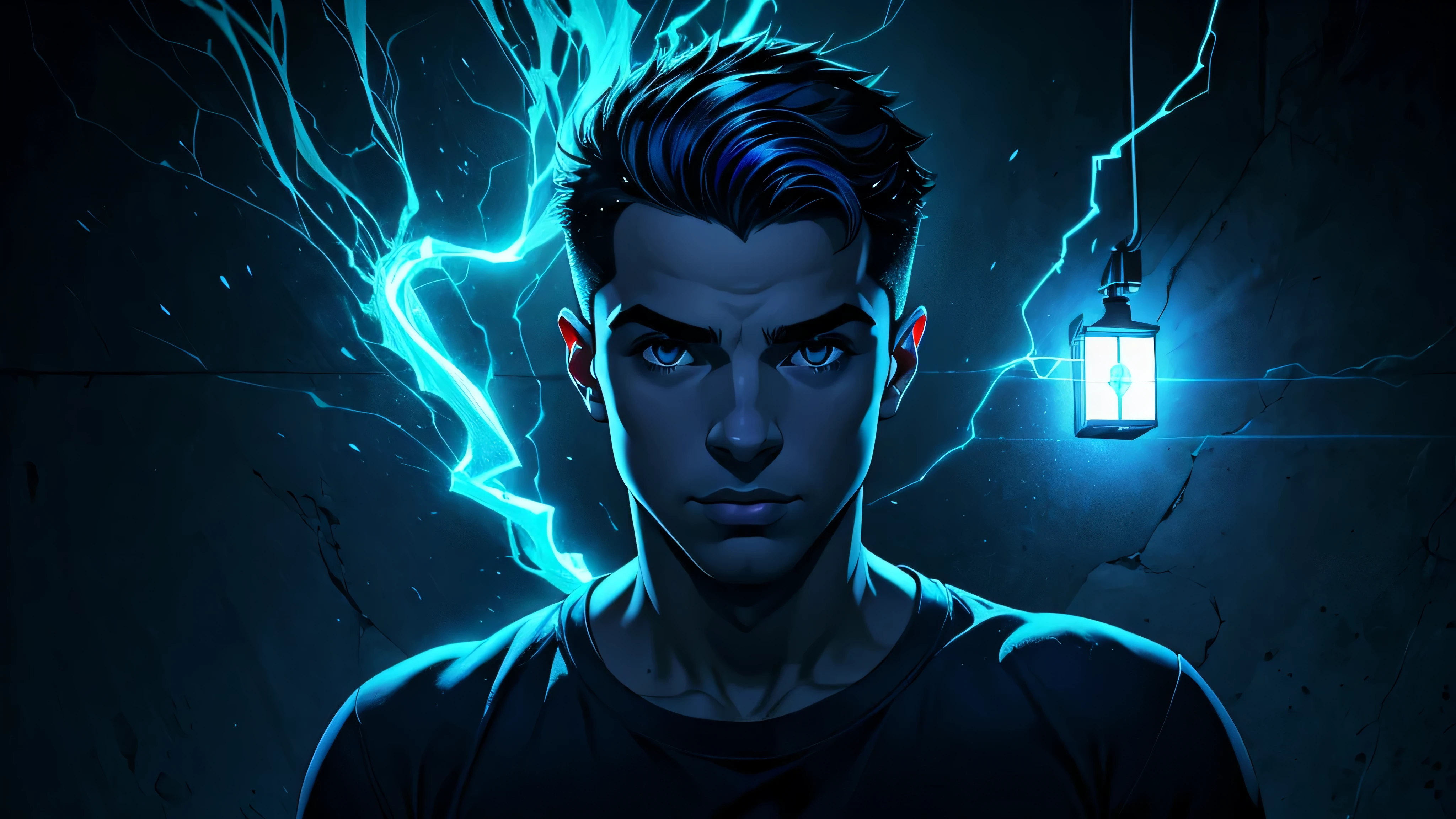 1 menino, masculino, obra de arte,melhor qualidade,ultra-detalhado,1 menino,blue lighting,eletricidade azul,envolto em eletricidade por todo o corpo,Preto_Fundo,chuva,branco hair,branco