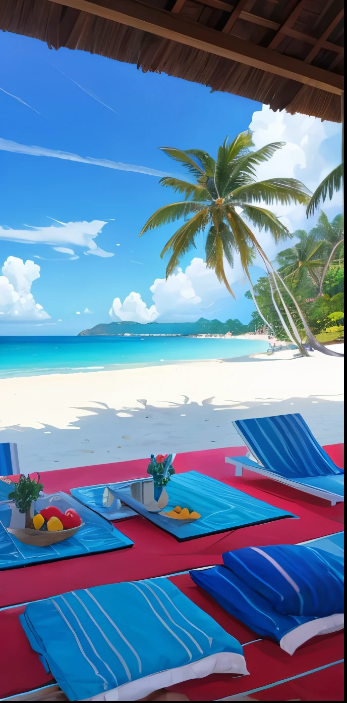 (best quality,highres,masterpiece:1.2),vibrant colors,crystal clear waters,tropical paradise,sandy beaches,palm trees,beautiful sunset,tourquoise waves,exotic landscape,lush greenery,white clouds,serene atmosphere,seagulls flying,swaying hammocks,refreshing sea breeze,beach umbrellas,tranquil escape,luxurious beachfront villas,azure sky,relaxing beach chairs,cocktails on the beach,coconut trees,gentle waves,luxurious yachts,fishermen casting nets on the shore,lively beach volleyball,beachside BBQ,colourful parasails,diving and snorkeling adventures,tropical fruits,seashells scattered on the shore,peaceful solitude,explore hidden coves,crystal clear underwater visibility,romantic moonlit walks,secluded paradise,gentle shoreline,calm waters.