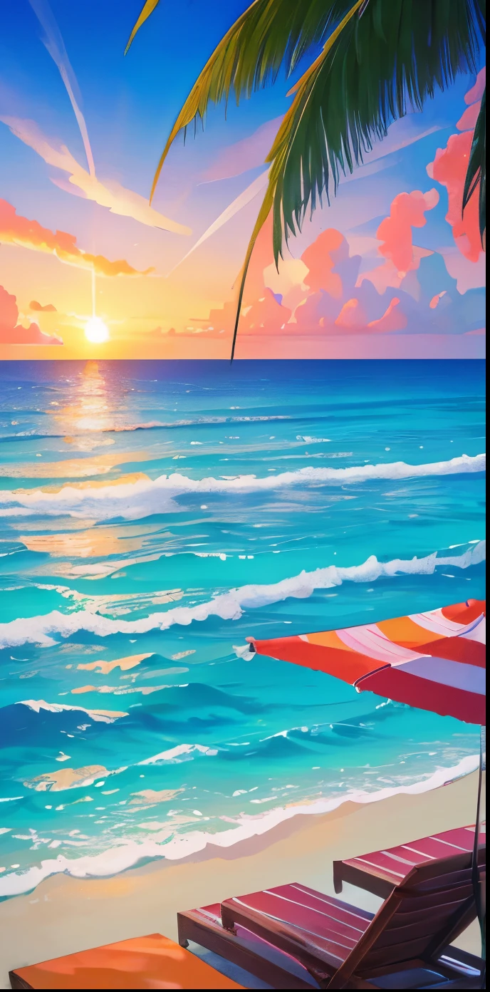 (best quality,highres,masterpiece:1.2),vibrant colors,crystal clear waters,tropical paradise,sandy beaches,palm trees,beautiful sunset,tourquoise waves,exotic landscape,lush greenery,white clouds,serene atmosphere,seagulls flying,swaying hammocks,refreshing sea breeze,beach umbrellas,tranquil escape,luxurious beachfront villas,azure sky,relaxing beach chairs,cocktails on the beach,coconut trees,gentle waves,luxurious yachts,fishermen casting nets on the shore,lively beach volleyball,beachside BBQ,colourful parasails,diving and snorkeling adventures,tropical fruits,seashells scattered on the shore,peaceful solitude,explore hidden coves,crystal clear underwater visibility,romantic moonlit walks,secluded paradise,gentle shoreline,calm waters.