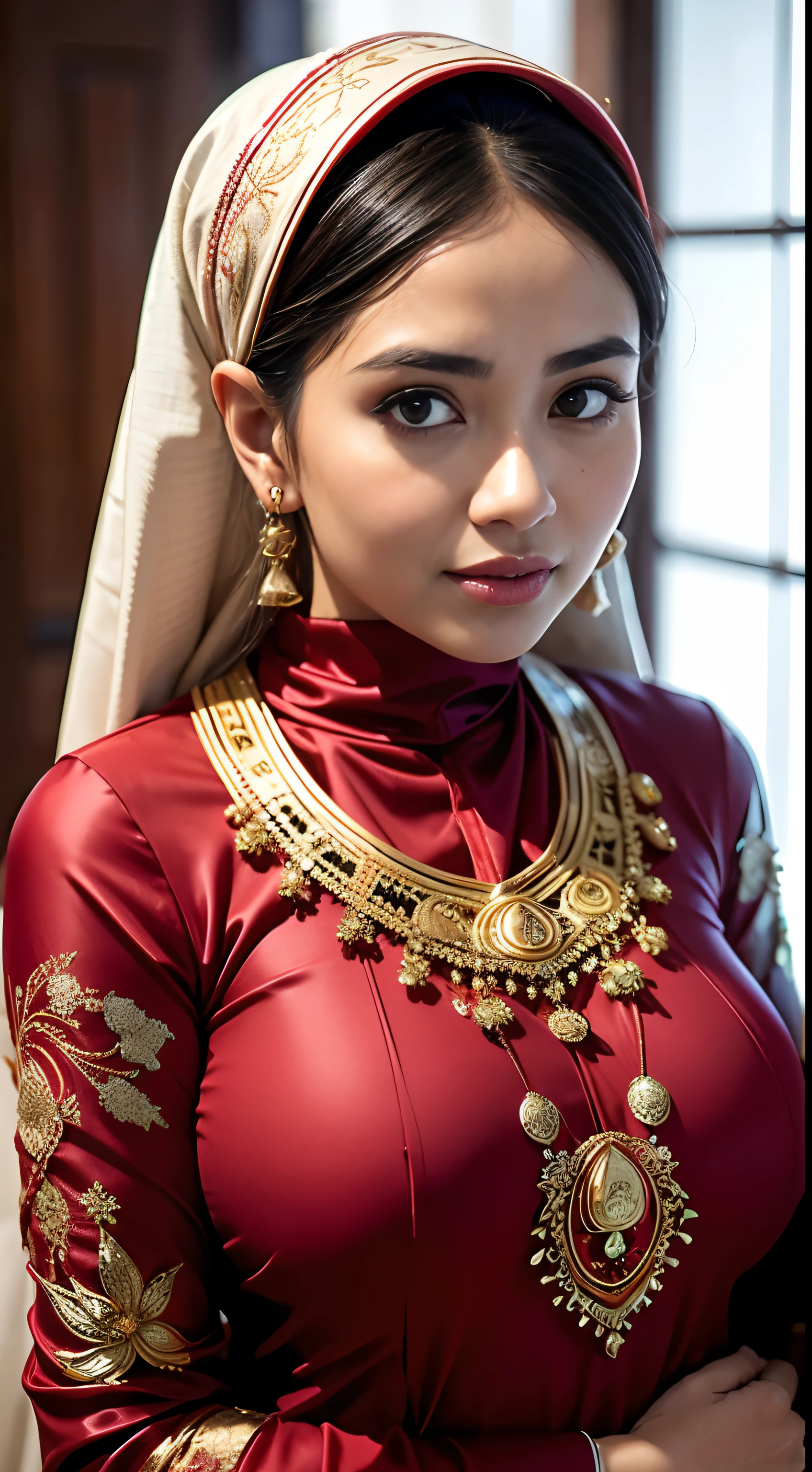 1 malay girl , modern plain hijab, shy, medium portrait shot , watery eyes , watery lips, big eyes, ((big breast )) , soft smile, full_body, woman malay in hijap, wearing java wedding woman in red long kebaya dress traditional, glossy lipstick, golden necklace, earrings, ornate,intricate decoration, detail, flowers, blurry background, soft focus