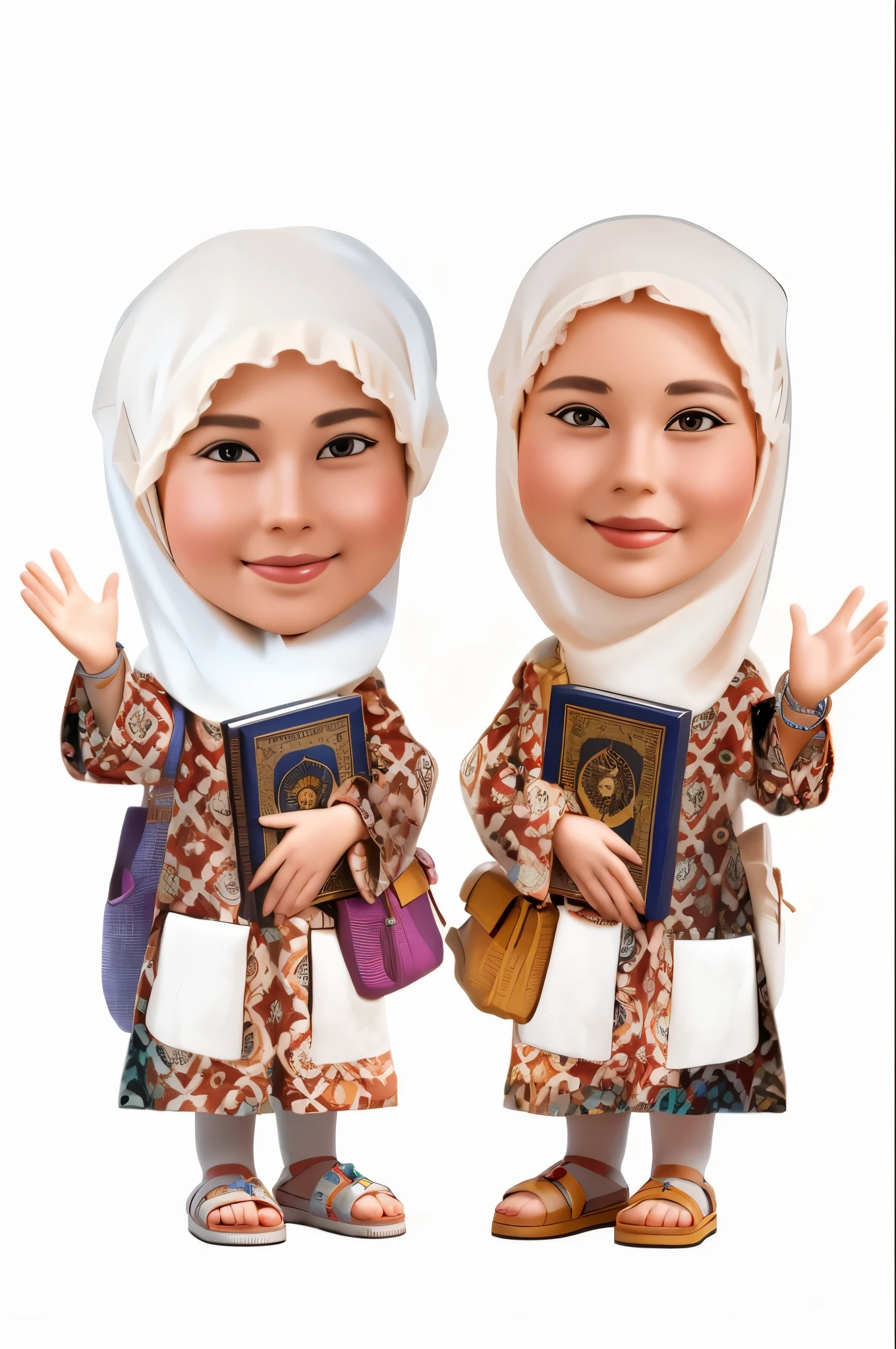 there are two dolls of a woman with glasses and a scarf, potrait, symmetry!! portrait, children, chibi, caricature illustration, wide portrait, inspired by Nil Gleyen, full protrait, realism artstyle, fullbody or portrait, wideangle portrait, close up potrait, 3d portrait, levitating twin nuns, in cartoon style, high quality portrait