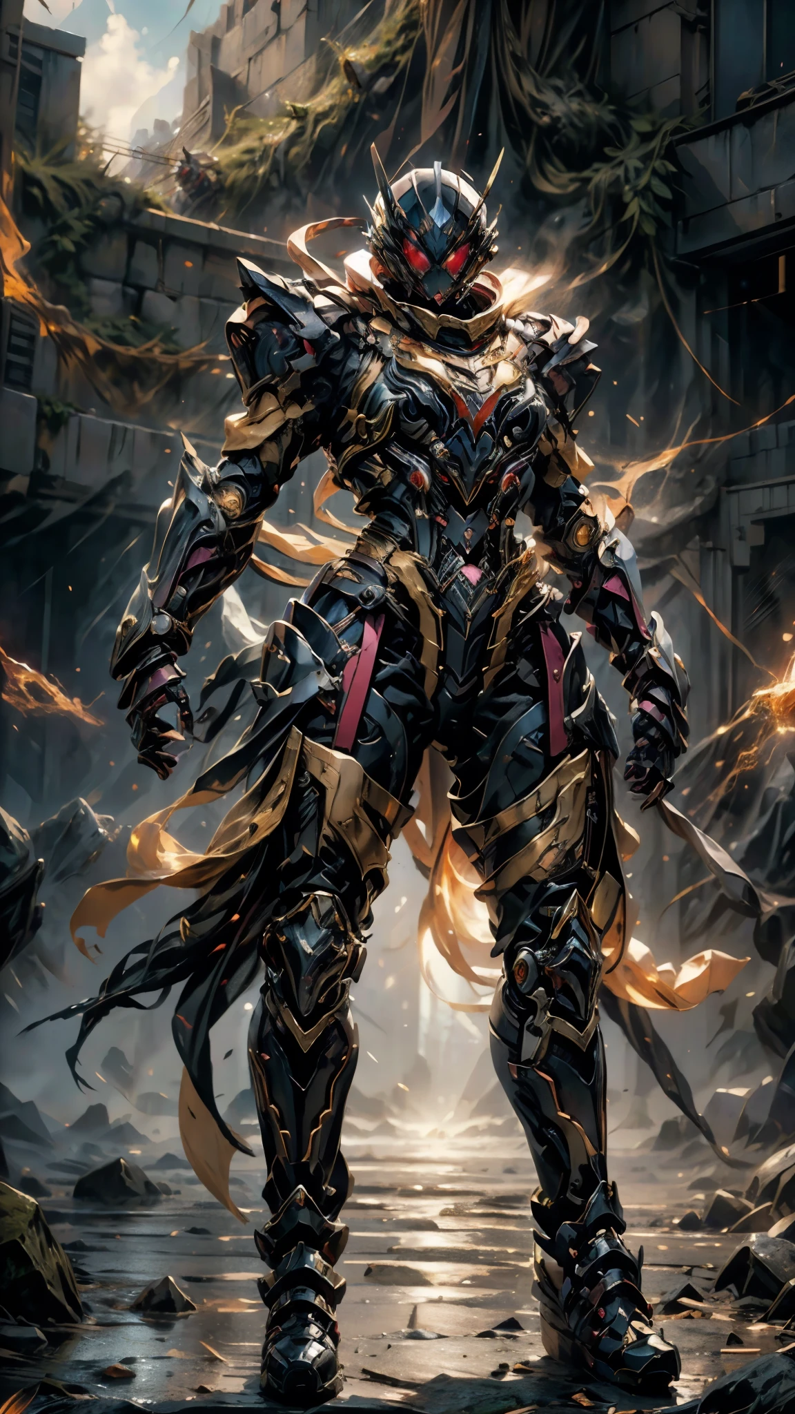A woman adorned in fantasy-style full-body armor, a crown-concept fully enclosed helmet that unveils only her eyes, a composite layered chest plate, fully encompassing shoulder and hand guards, a lightweight waist armor, form-fitting shin guards, the overall design is heavy-duty yet flexible, ((the armor gleams with a golden glow, complemented by red and blue accents)), exhibiting a noble aura, she floats above a fantasy-surreal high-tech city, this character embodies a finely crafted fantasy-surreal style armored hero in anime style, exquisite and mature manga art style, (mixture of Queen bee and Spider concept Armor, plasma, blood), ((Element, energy, elegant, goddess, femminine:1.5)), metallic, high definition, best quality, highres, ultra-detailed, ultra-fine painting, extremely delicate, professional, anatomically correct, symmetrical face, extremely detailed eyes and face, high quality eyes, creativity, RAW photo, UHD, 32k, Natural light, cinematic lighting, masterpiece-anatomy-perfect, masterpiece:1.5