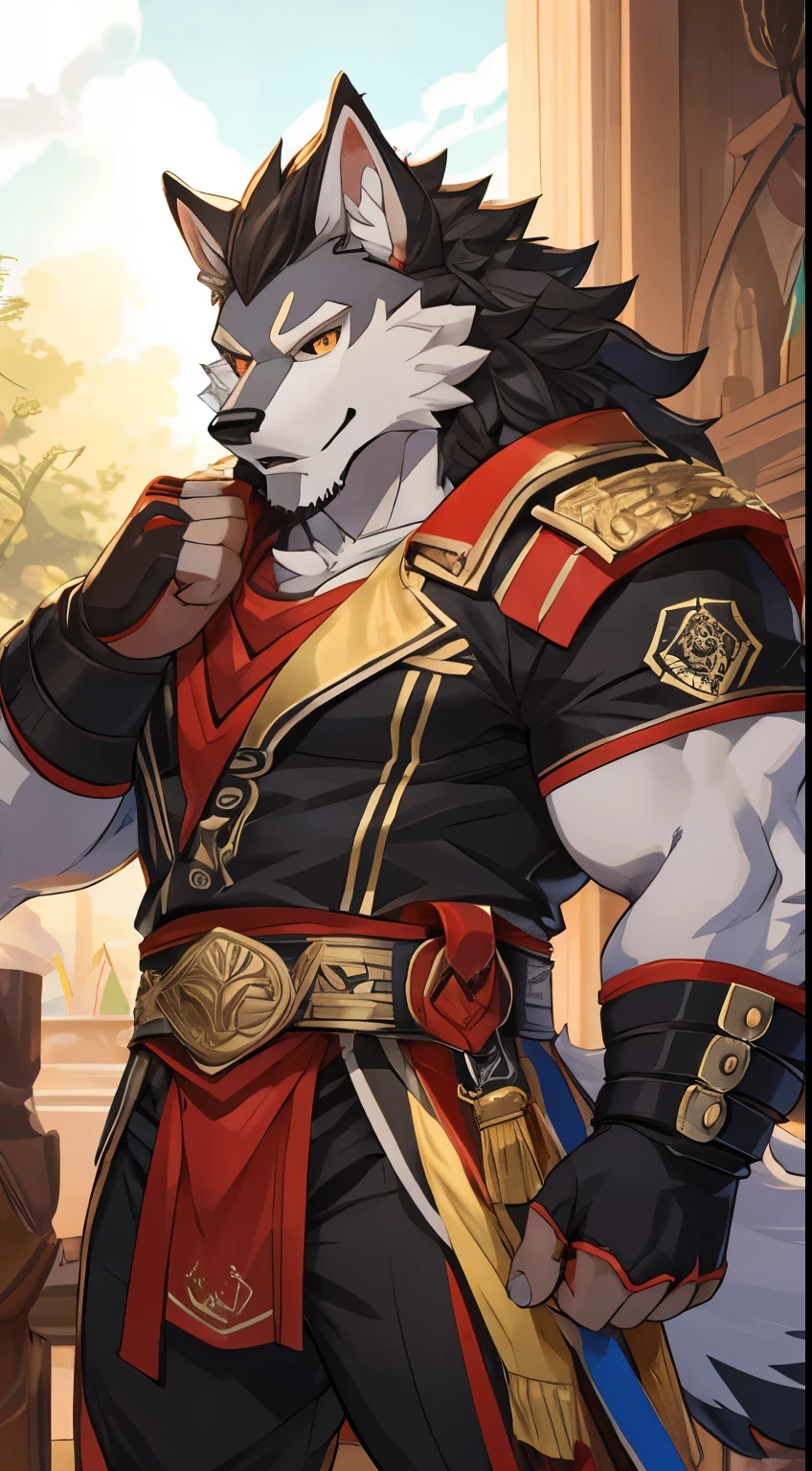 peludo,Sozinho,lobo,olhos vermelhos,Vestindo um regata&#39;uniforme,olhando diretamente para o espectador, de frente