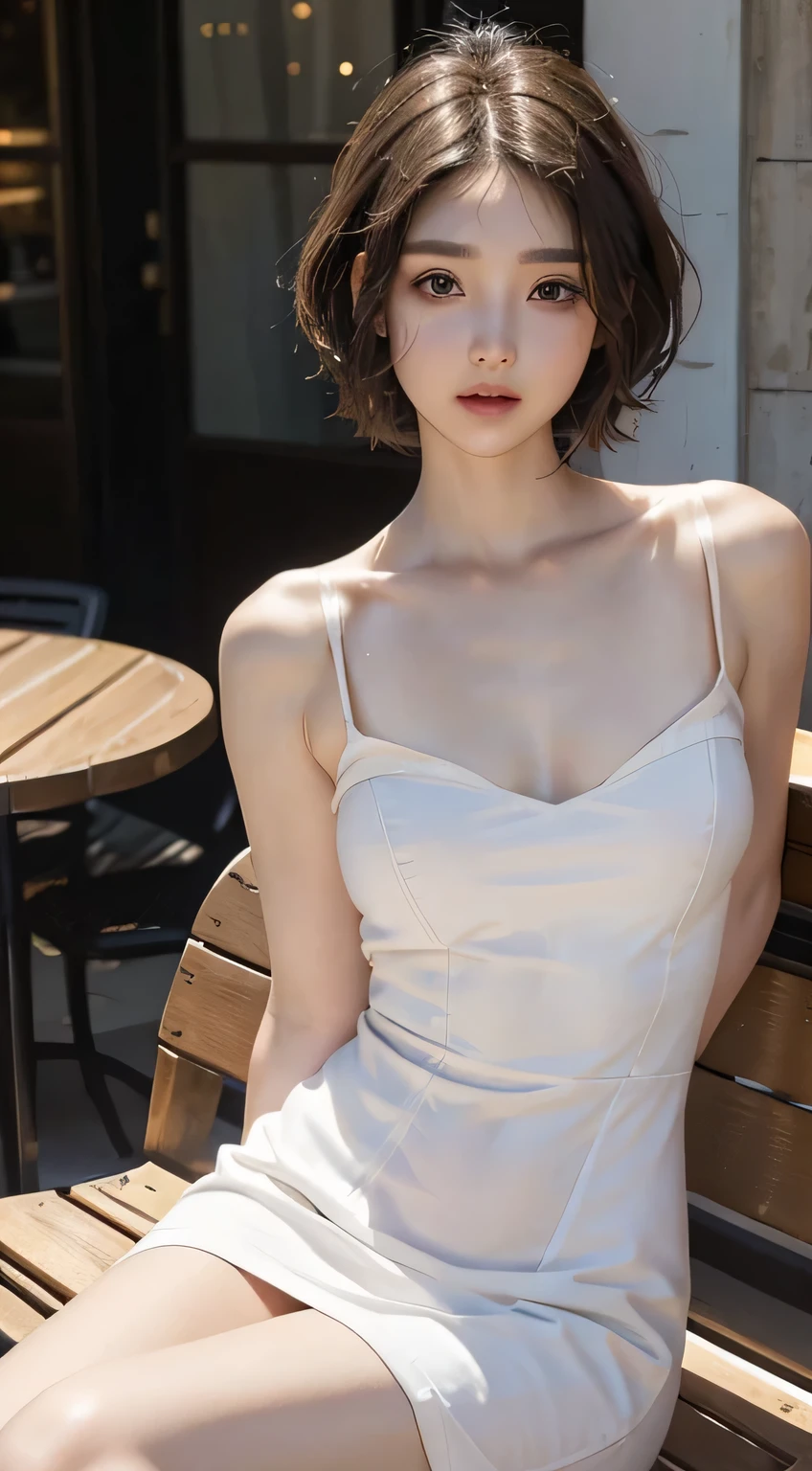 (filming:1.2)、(realistic:1.4)、(masterpiece:1.3)、(top quality:1.4)、Ultra high resolution A、(delicate eyes)、(detailed facial features)、(Detailed costume features)、8K resolution、focus only、forehead、double eyelid、beautiful lips、big bust, long hair, strong legs、(slim girl)、(Korean woman)、1 girl、slim beauty:1.3、brown hair、delicate hair、、distance、realistic body、White skin、glowing skin、slim body、(Short hair:1.2)、(forehead: 1.2)、Bruises and ugly faces、Cute face、Vivid faces、delicate body、thighs thighs thighs thighs、(detailed cafe)、coffee、(pure white dress)、looking at the camera、Terrace Seating、((sexy pose))、nice lighting