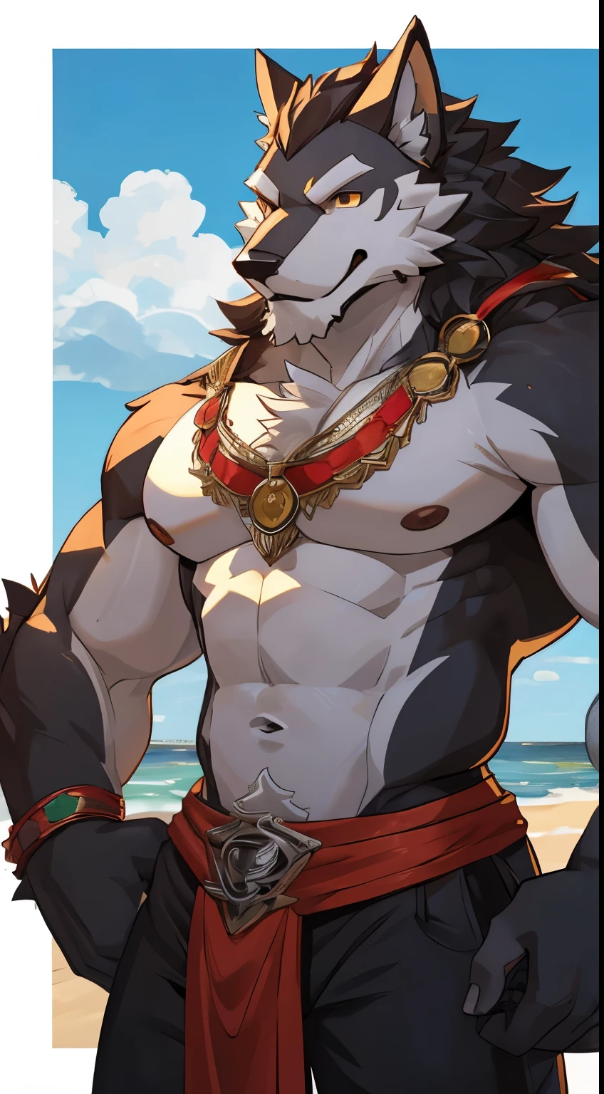Masterpieces, furry, male, Anthropomorphic, old, black wolf, fit and slender body type, Delicate eyes, white goatee, grizzled fur, glistening body, pirate, ebony skin, depth of field, warm lighting, bright lighting, (best quality),(masterpiece),(ultra detailed), sharp focus, sea background, very large succulent black nipples, fierce look, evil grins, scars, glossy, oiled up, oily skin, black underwear, shirtless, thigh muscles, detailed bulge, flexing pose