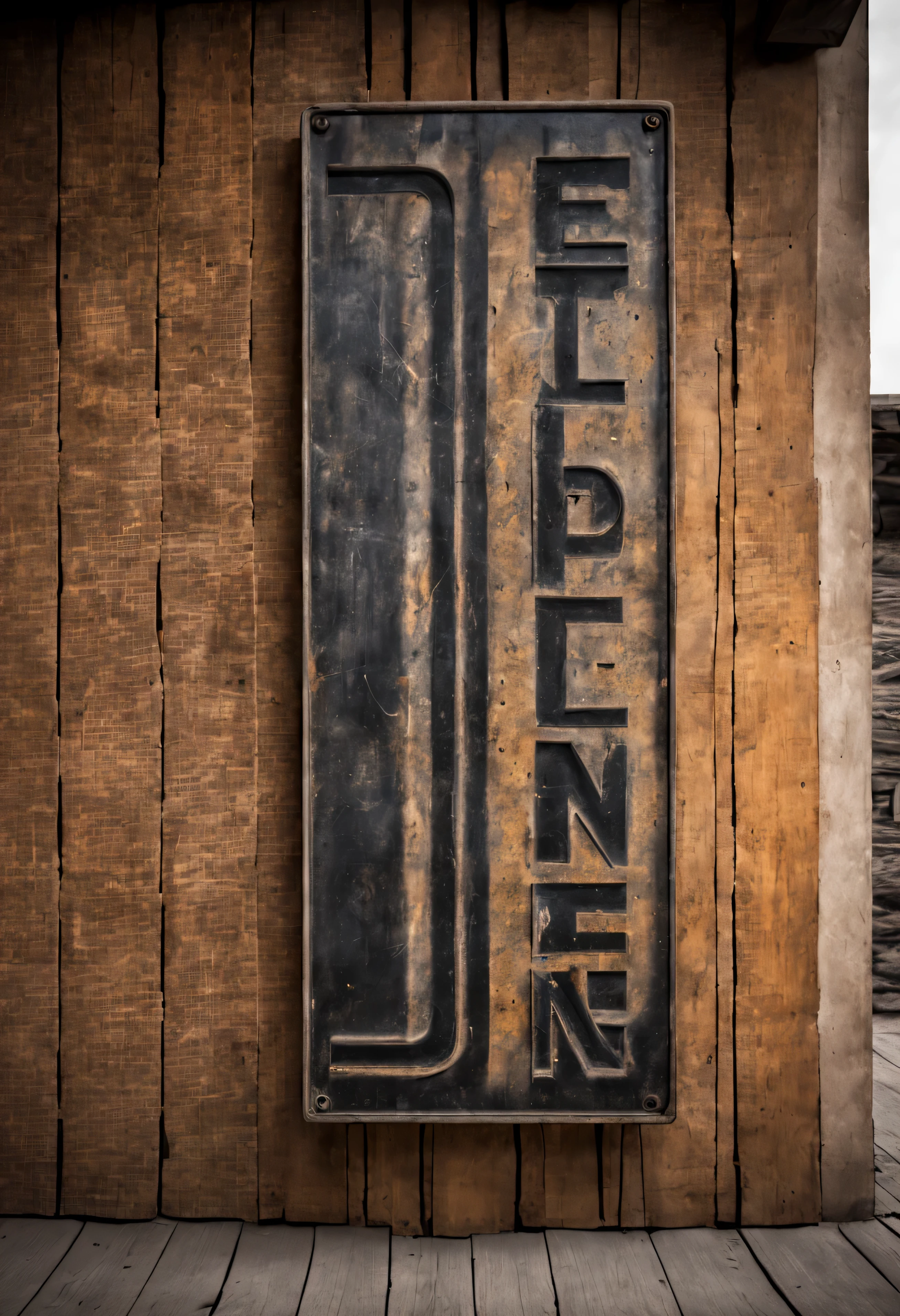 Rectilinear Perspective photograph, alien ancient big bold text on an metal and wood old sign on a wall , in the style of star wars text