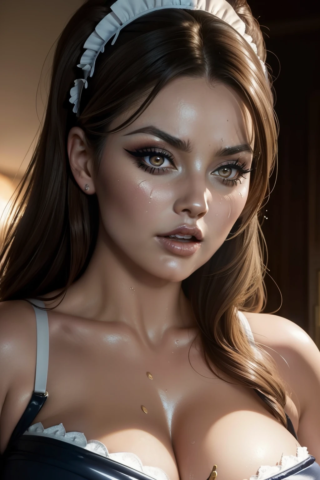 Lucy Pinder, ((VERY INTENSE MAKEUP)), sexy woman, voluptuous, cleavage, MAID, (Adele), CHUN-LI, mouth wide open, face portrait, sexy pose, (MARGOT ROBBIE), Singing, ((sweating)), ((exciting)), ((orgasm))
