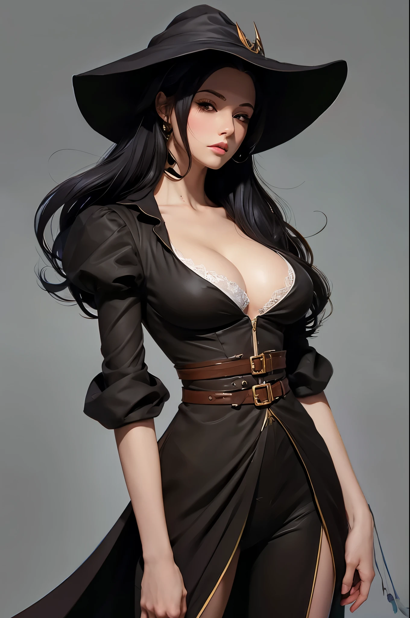 very big cleavage ,  and  attitude ,   rugged girl witch wearing   uniform inspired by frank frazetta  , large wide - brimmed witch hat, cinematic, elaborate, elegant, masterpiece, illustration, digital painting, concept art, trending on artstation, pixiv, art by ruan jia and hong soonsang and wlop and artgerm and greg rutkowski and alphonse mucha 