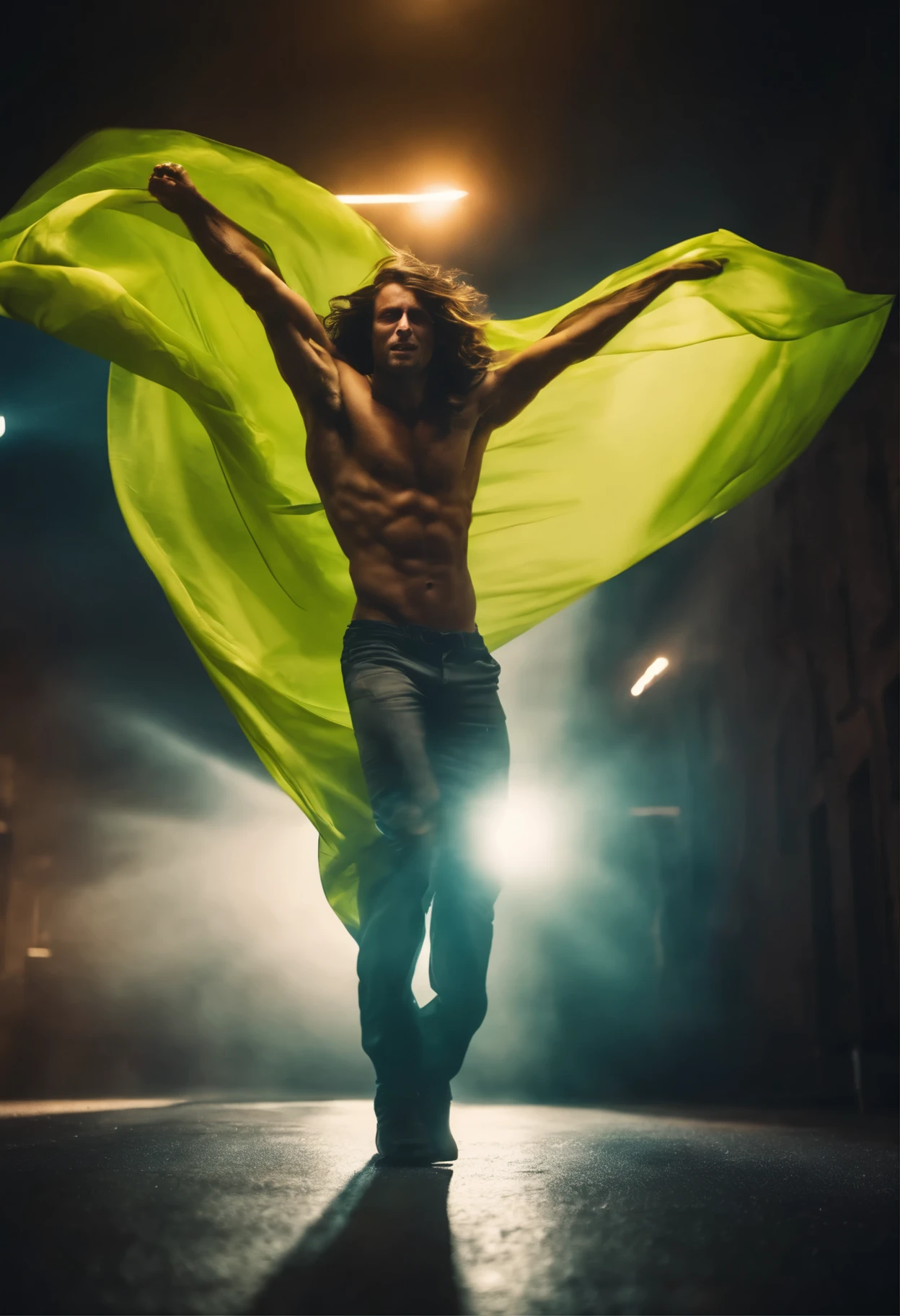 A flying muscular young man, long haired, superhero 