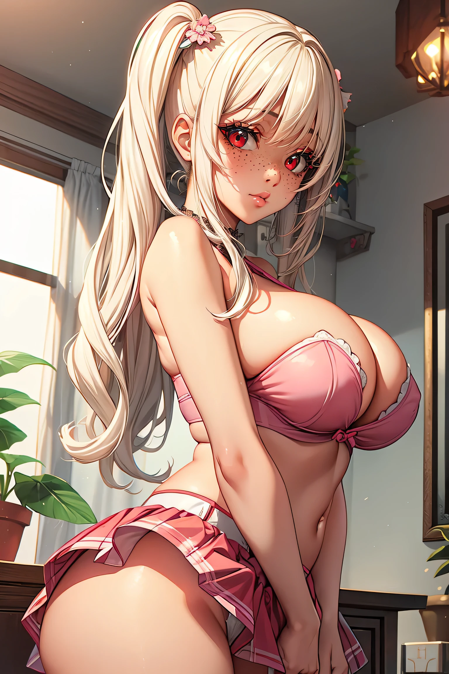 (1girl), red eyes, ((white hair)), pigtails, long hair, x ornament, big lips, pretty lips, ((gyaru)), gyaru hairstyle, ornaments, skirt, underpeak, seductive anime girl, thicc,  cute anime, plant, pink room, anime,  focus, cowboy shot,