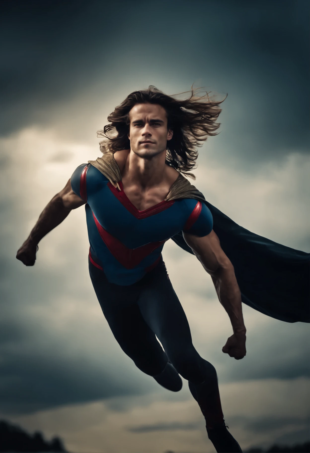 A flying muscular young man, long haired, superhero 