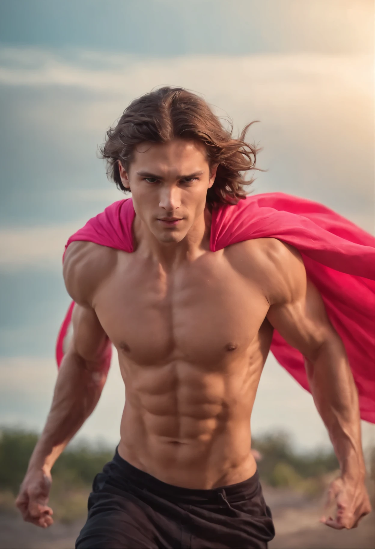 A flying muscular young man, long haired, superhero 