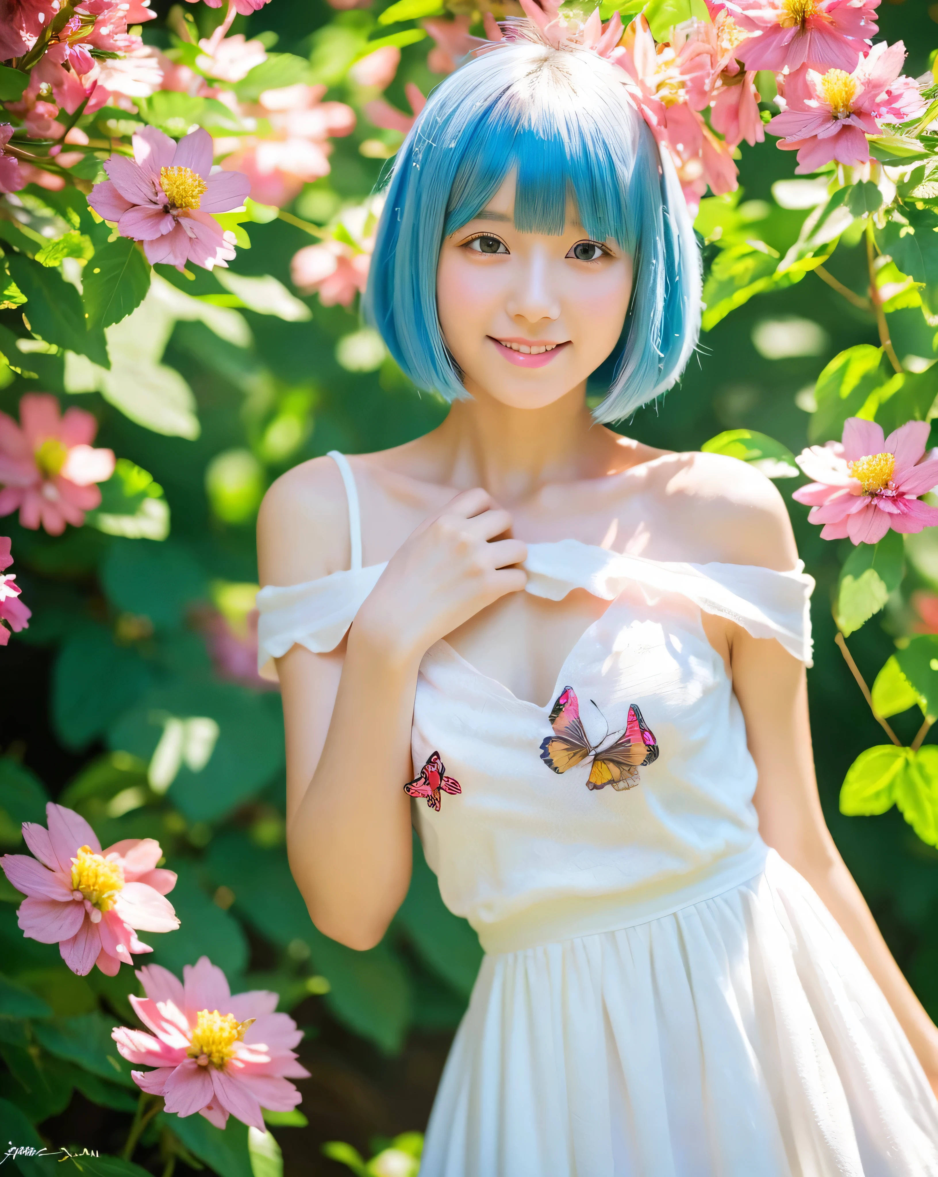 beautiful japanese girl, 14 years old, (whole body:1.3), fine pastel blue hair, Beautiful bob cut, asymmetrical bangs, thin eyebrows, big magic eyes, High resolution moist eyes, Light pink lip, smooth soft skin, natural makeup, gentle smile, profile, Slightly upwards, white dress, simple dress, off shoulder, mini skirt, Detailed and perfect clavicle, Beautiful chest in high resolution, plump and voluptuous breasts, beautiful legs in high resolution, Rainbow Forest, (100+ colorful flowers:1.5), (100+ brightly colored butterflies々:1.3), (100+ Colorful little birds:1.2), big and beautiful waterfall, fantasy, professional lighting, professional photographer