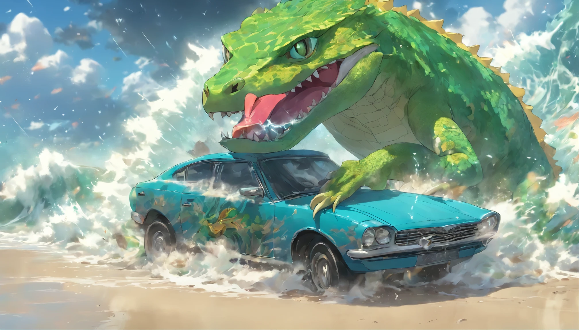 a giant gecko eating a car on the beach, a car in the mouth of a gecko, raging waves, a storm