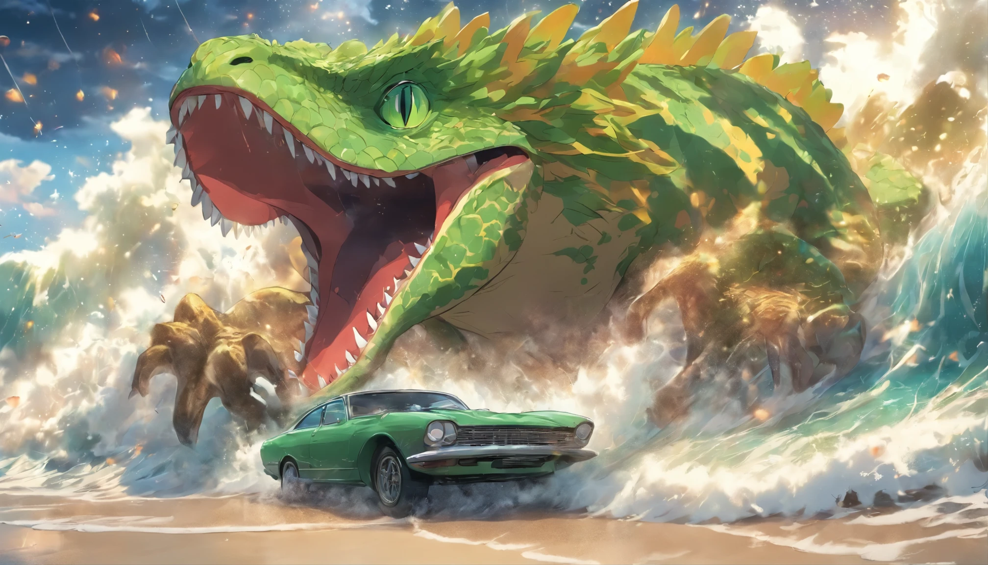 a giant gecko eating a car on the beach, a car in the mouth of a gecko, raging waves, a storm
