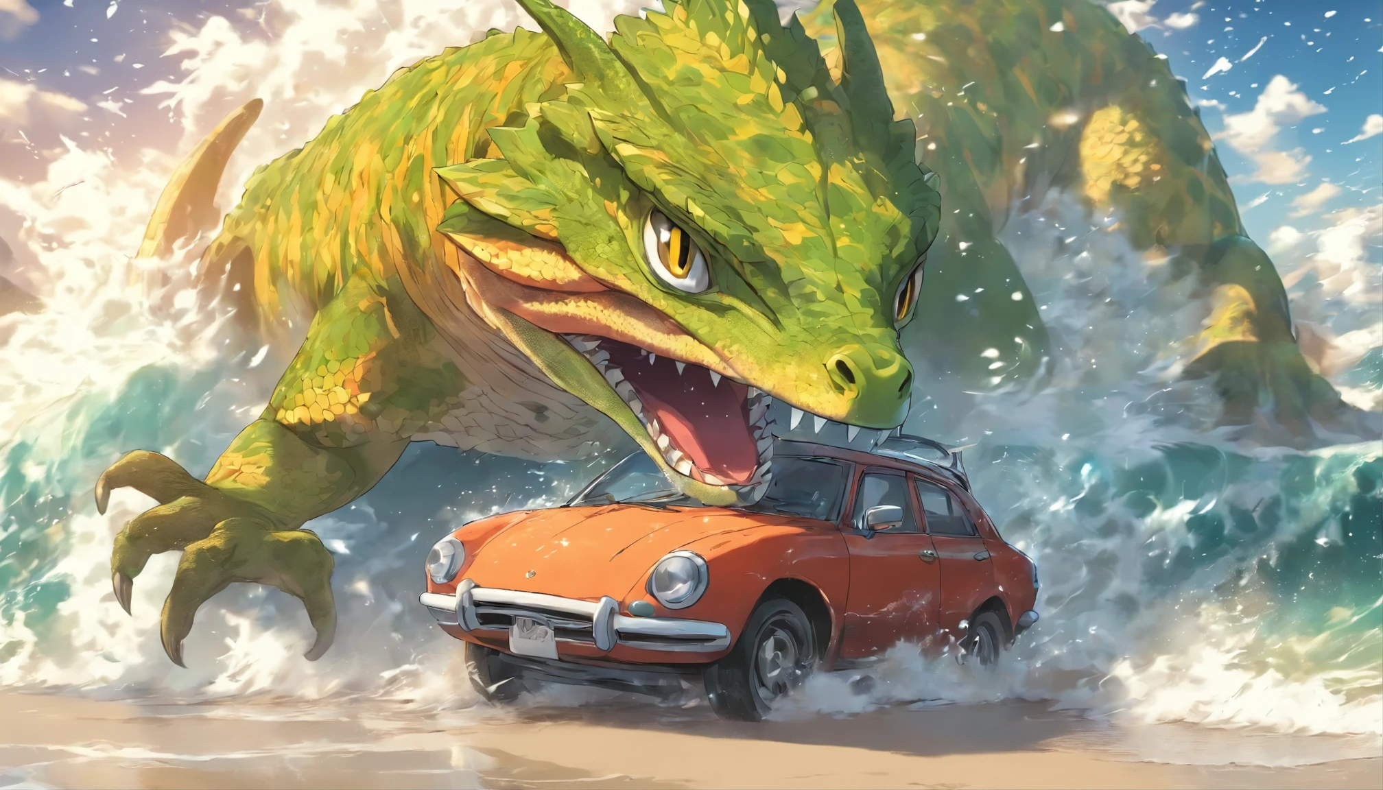 a giant gecko eating a car on the beach, a car in the mouth of a gecko, raging waves, a storm