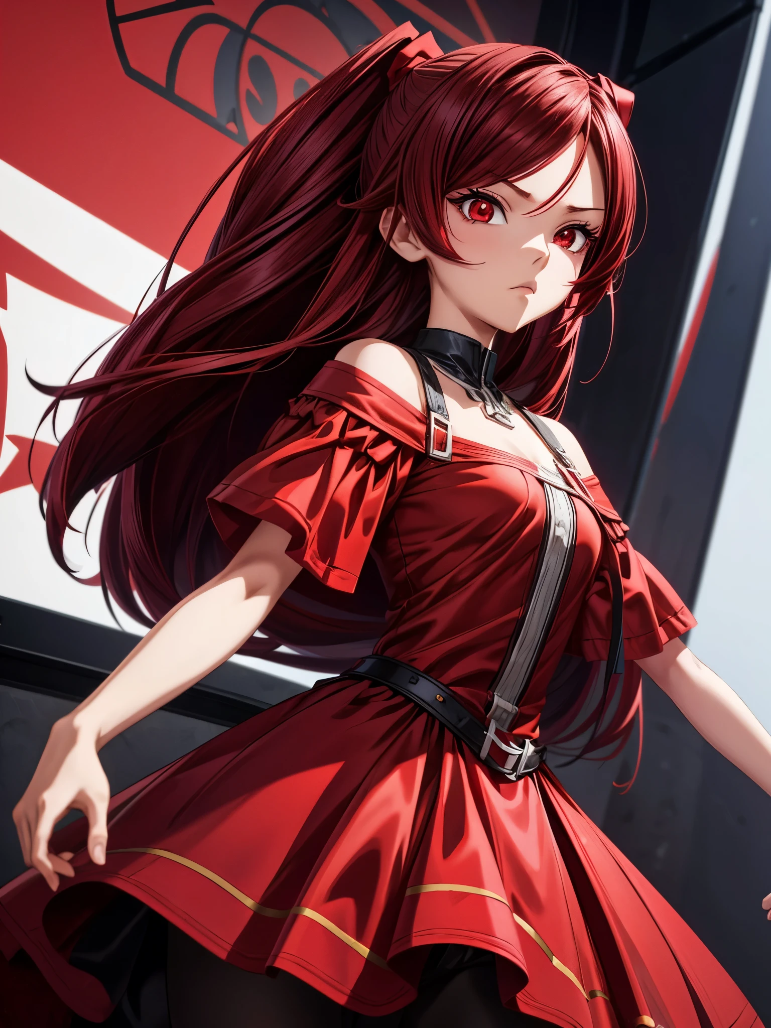 Young girl, in a cartoon character dark red outfit, ((cold expression and red eyes)), ((shoulder-length hair)), (red eyes), Stylized character, animation character, stylized 3d render, 3D Character, highly detailed character, stylized anime, stylized 3d, render character, character model, close up, (maximum quality)