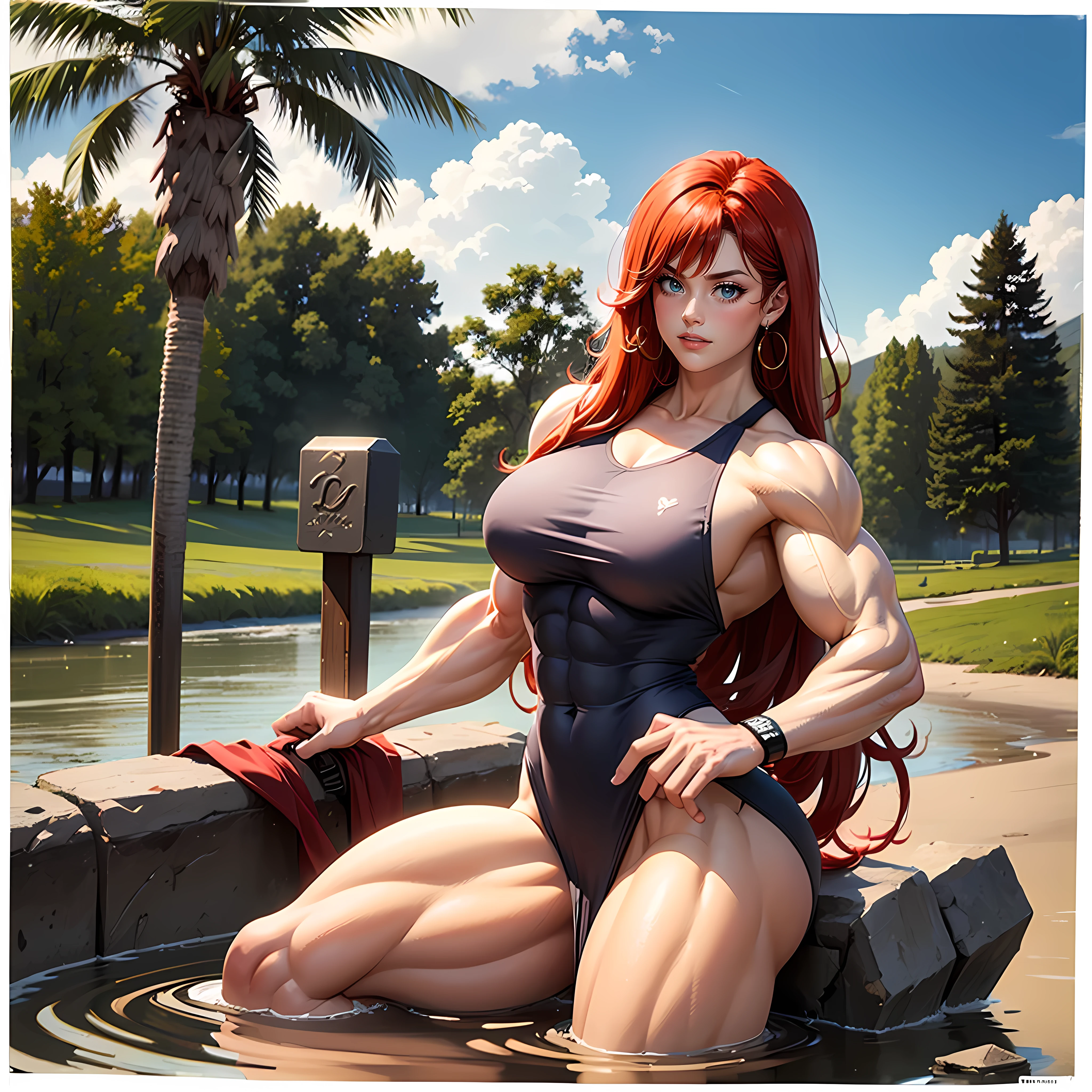 (((((Massive Female Bodybuilder))))), ((((Muscular Quadriceps)))), Red Sonja wielding a very heavy broadsword in the mud with a lot of effort and her muscles showing the effort, big breasts with tribal tattoo