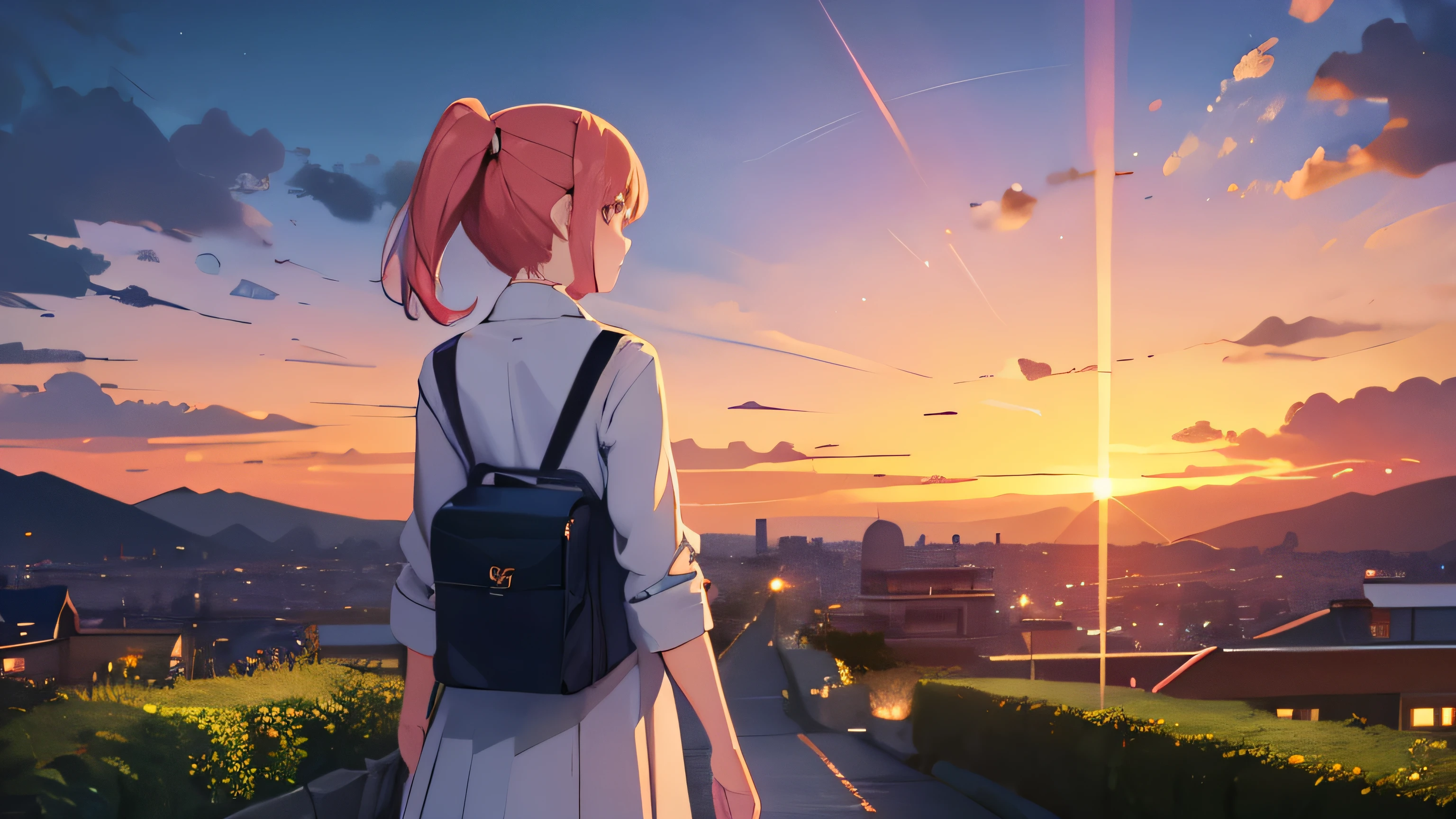 super high quality, 8k, highest quality, Mr.. have a cloth bag, girl, Rear view, Walk slowly on the green path, beautiful sunset, far away, I can faintly see the smoke of my hometown, Shooting with a telescope, high detail, anime, romanticism, anime style, cinematic lighting, Fuji color, Accurate, masterpiece, anatomically correct, high details,