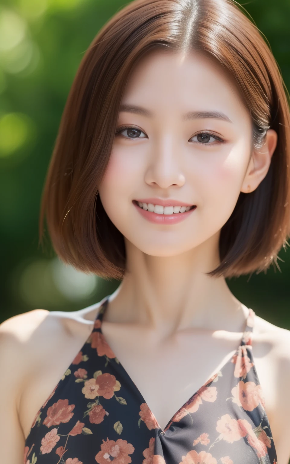 ((top-quality、in 8K、masterpiece:1.3、超A high resolution))、(Clear focus:1.4)、BREAK、A Japanese Lady、young、1 persons、The upper part of the body、From directly above、light skinned、((dark brown hair))、short-hair、(Red and floral dress:1.2、Cute dress、Detailed fabrics)、Super fine face、A detailed eye、Narrow-eyed、double eyelid、Reddish cheeks、Detailed skin、Sweating、Lustrous skin、Shine skin、Shaded skin、Wearing makeup、ruddy lips、A smile、Large breasts、looking in camera、BREAK、(Detailed background、University campus:1.5)、Daytime、Natural lighting