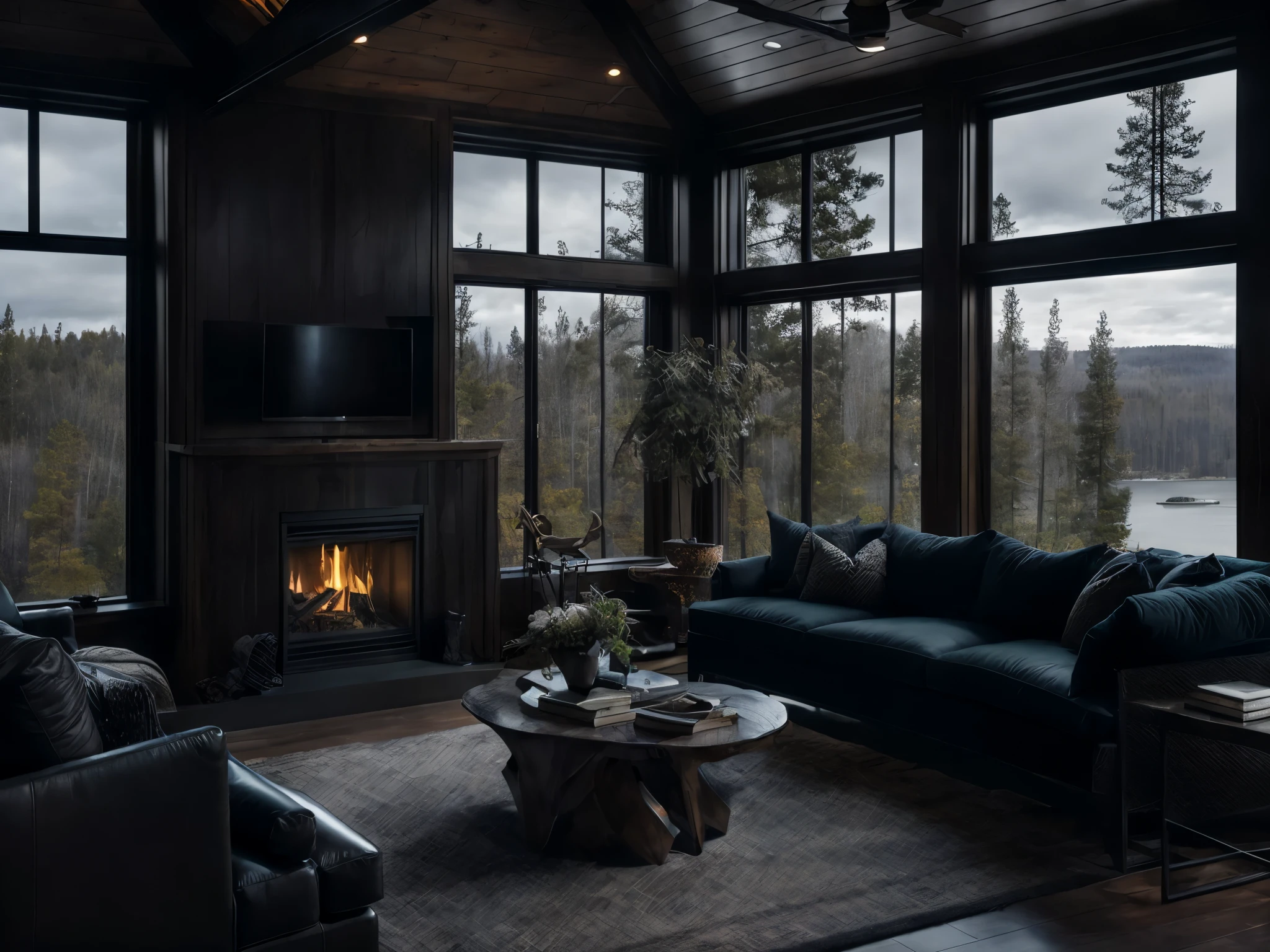  This cabin lounge, adorned in dark tones, features large windows, a television, and a fireplace. The deep-toned furnishings and walls create a warm and inviting atmosphere. The large windows bring in natural light and offer views of the surrounding nature, while the fireplace serves as a central focal point, providing a cozy ambiance for guests to enjoy.