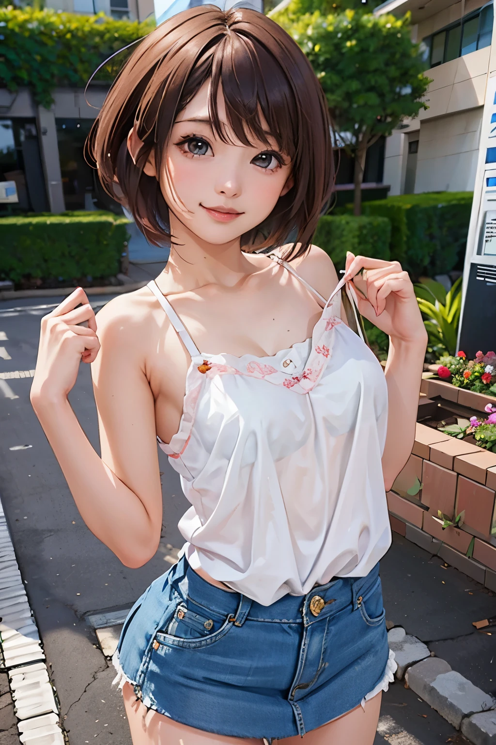 (photorealistic:1.6),(High resolution:1.6),(solo, one girl:1.5),(cute girl),(Japanese:1.3),(platinum-brown haircolor:1.3),(Bob Hairstyle:1.1),chuuChloe,(Bangs Bangs:1.3),(glimpse panties:1.3),(Lifted Skirt:1.4),(showing panties:1.4),(Super mesh panties:1.3),(graffiti on wall:1.3),(Simple pleats skirt:1.4),(Off-the-shoulder frill lace blouse:1.4),(Tokyo),(shy smile:1.5),(Heavy makeup:1.1),(Big Saggy Breasts),(Panties are clearly visible),