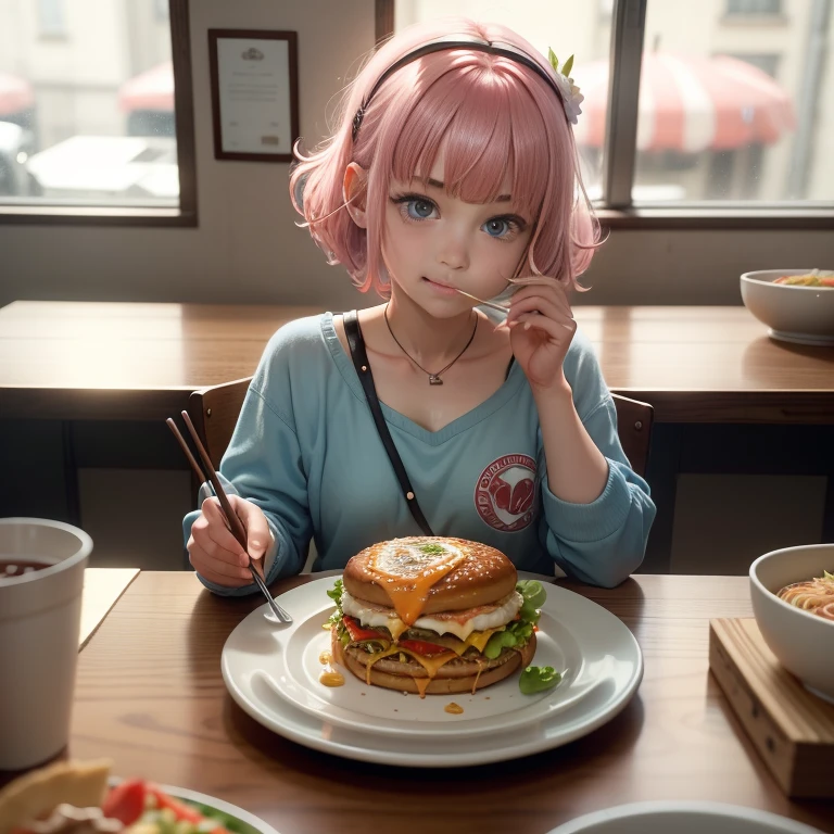 1girl, artist name, bangs, beer mug, blue eyes, blurry, blurry background, blurry foreground, bokeh, bowl, burger, cake, cheese, chopsticks, classroom, cup, depth of field, dish, drink, eating, food, fork, french fries, fried egg, hair ornament, hairclip, head rest, holding chopsticks, indoors, letterboxed, lettuce, lips, looking at viewer, motion blur, noodles, omurice, pasta, photo \(medium\), photo inset, pink hair, pizza, plate, pov across table, ramen, restaurant, rice, salad, sandwich, school desk, short hair, shrimp, smile, solo, soup, spaghetti, swept bangs, table, toast, tomato, tray, viewfinder, window