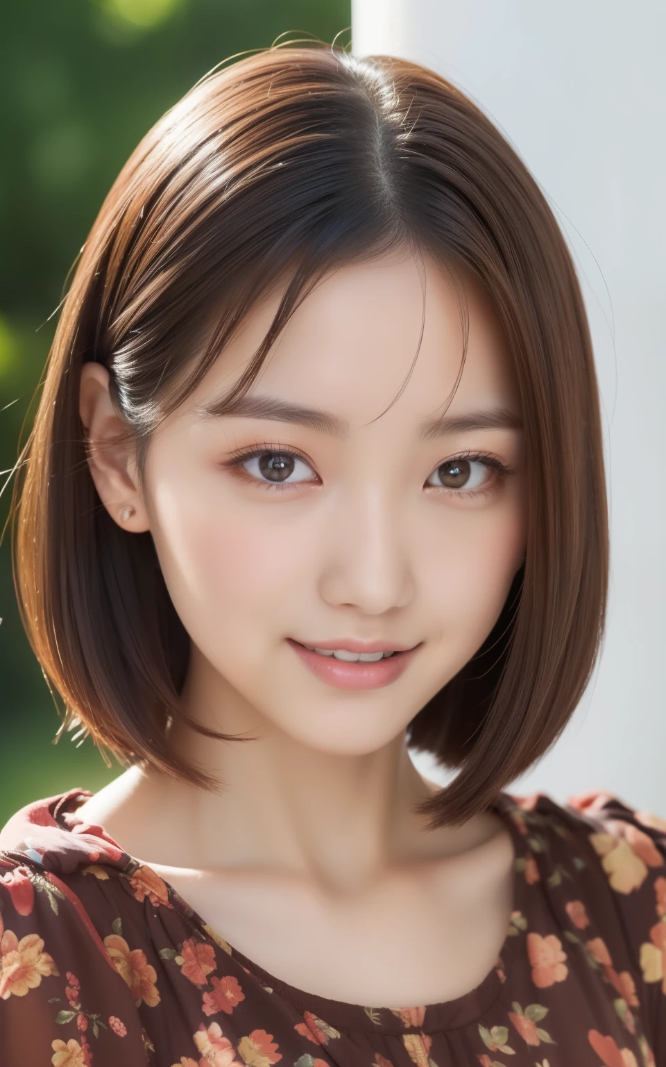 ((top-quality、in 8K、masterpiece:1.3、超A high resolution))、(Clear focus:1.4)、BREAK、A Japanese Lady、young、1 persons、The upper part of the body、From directly above、light skinned、((dark brown hair))、short-hair、(Red and floral dress:1.2、Cute dress、Detailed fabrics)、Super fine face、A detailed eye、Narrow-eyed、double eyelid、Reddish cheeks、Detailed skin、Sweating、Lustrous skin、Shine skin、Shaded skin、Wearing makeup、ruddy lips、A smile、Large breasts、looking in camera、BREAK、(Detailed background、University campus:1.5)、Daytime、Natural lighting