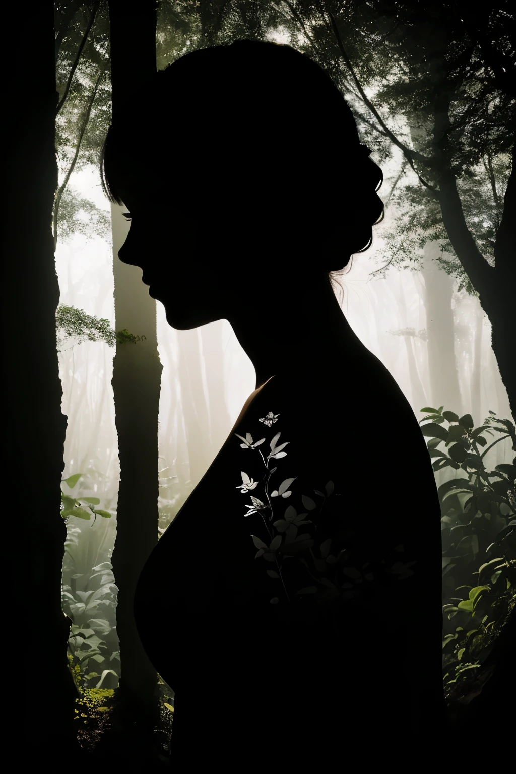 create a compelling double exposure photograph that seamlessly merges the presence of a woman and the wonders of nature. Capture the harmony between the human form and the natural world, using light and shadow to accentuate their connection and create a visually striking narative.