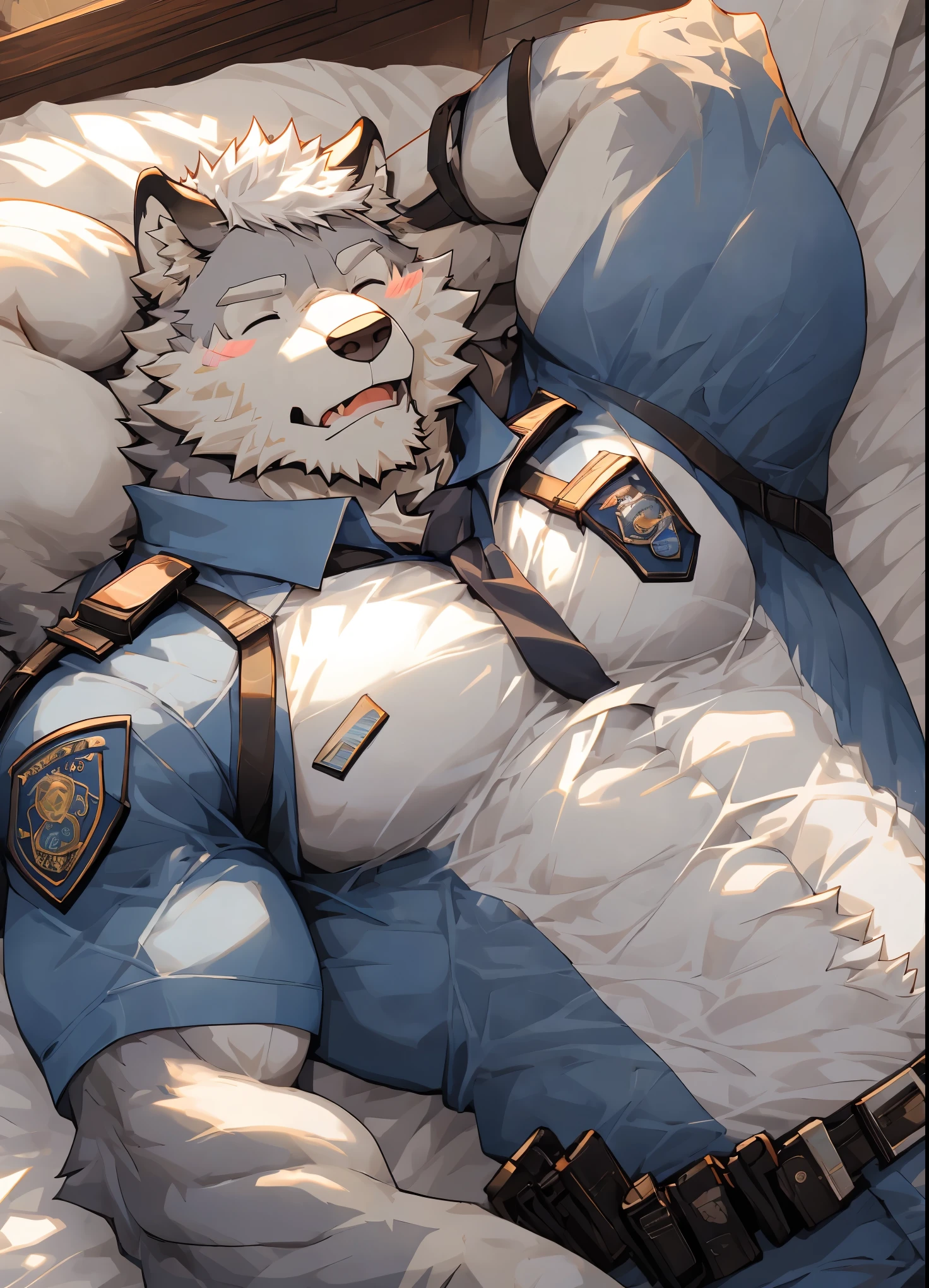 (masterpiece),(Very detailed),(best quality),hairy,Wolf,gray fur,white hair,golden pupil muscles,eyes closed(blush 1.1),(police uniform (Open the 1.2)),((Semi-naked 1.3)),Lying in bed,8k,((high quality))