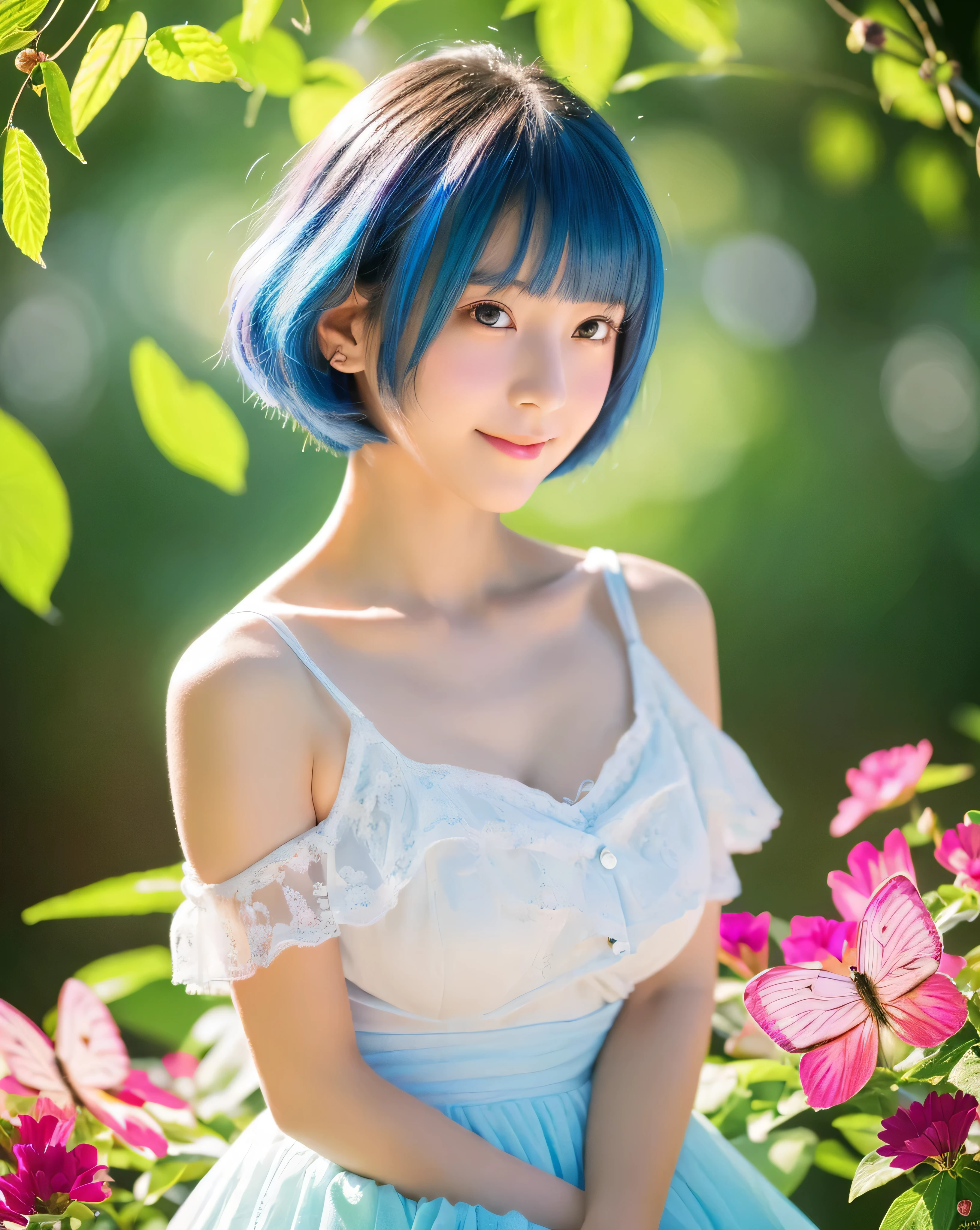 beautiful japanese girl, , (whole body:1.3), fine pastel blue hair, Beautiful bob cut, asymmetrical bangs, thin eyebrows, big magic eyes, High resolution moist eyes, Light pink lip, smooth soft skin, natural makeup, gentle smile, profile, Slightly upwards, white dress, simple dress, off shoulder, mini skirt, Detailed and perfect clavicle, Beautiful chest in high resolution, plump and voluptuous breasts, beautiful legs in high resolution, Rainbow Forest, (100+ colorful flowers:1.5), (100+ brightly colored butterflies々:1.3), (100+ Colorful little birds:1.2), big and beautiful waterfall, fantasy, professional lighting, professional photographer