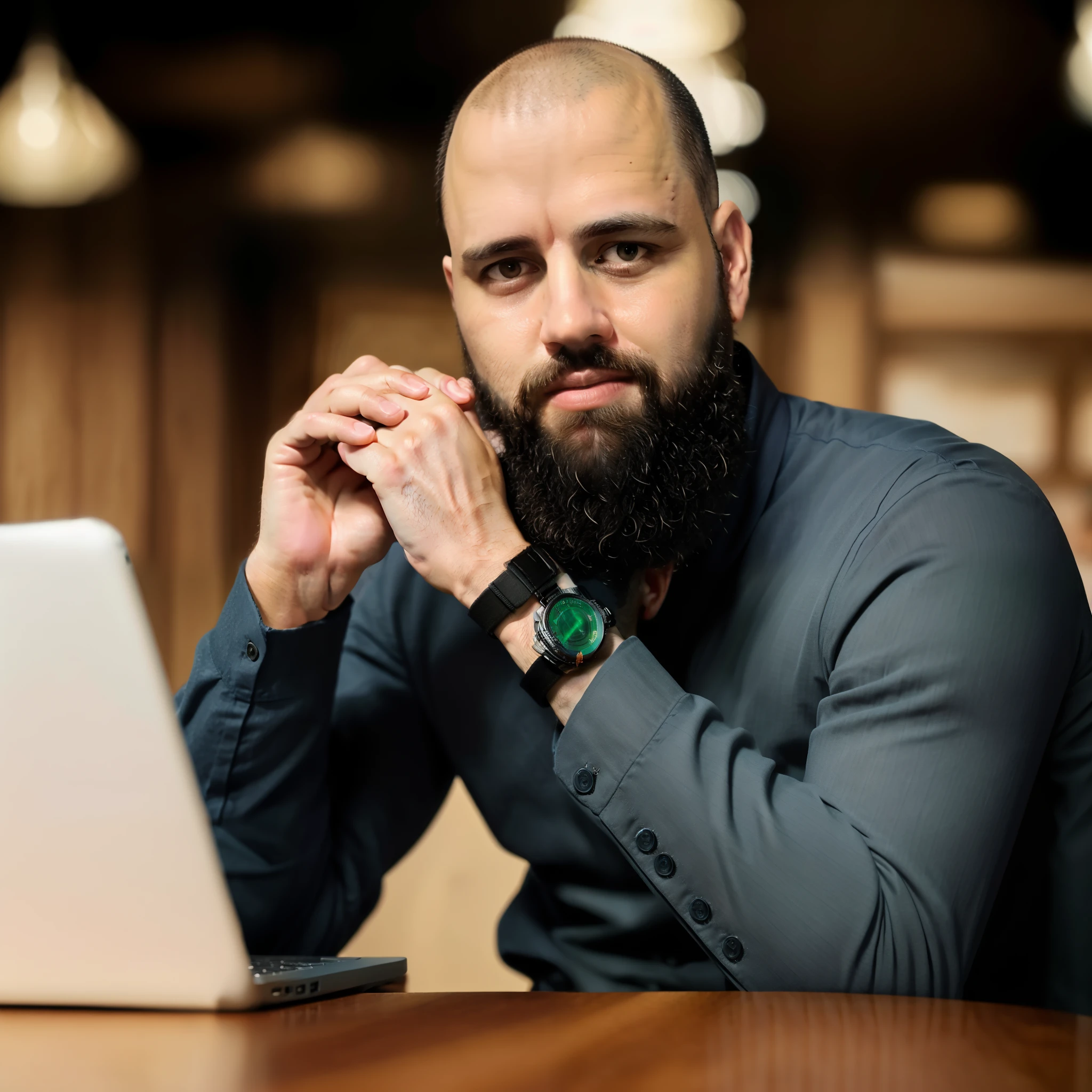 1 man, (((Portrait of 35 year old manful white:1.37))), bald, no hair on the head, shaved head, vibrant dark green eyes, soft and fair skin, (fullness beard:1.2), 100kg, smile shy, white teeth, man sitting at the table with laptop, sitting in front of a computer, navy blue dress blouse with long sleeves, watch on the left wrist, elbows resting on the table, detailed face, detailed nose, professional profile picture, 1x1 portrait, Reddit post, Hyper-realistic portrait with high-resolution DSLR quality, medium depth of field, Canon 5D, 50mm lens, f/4 aperture, ultra-detailed complex details, soft colors, absurd 8mm film grain, flirting with camera, sharp focus, detailed skin texture, professional, UHD RAW photography, textured skin, rule of thirds, dramatic lighting.