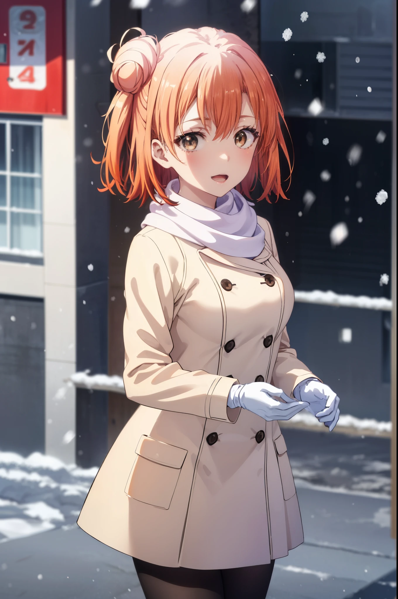 yuiyuigahama, yui yuigahama, long hair, (brown eyes:1.5), (orange hair:1.2), bun hair, single bun hair, open your mouth,smile, (big breasts:1.2),pink long coat　There is an open front,red muffler,white sweater,long skirt,black pantyhose,short boots,Chunky gloves,It&#39;s snowing,snow is falling,winter,cold sky,朝日
break outdoors,In town ,building street,
break looking at viewer　looking up from below, (cowboy shot:1.5),
break (masterpiece:1.2), highest quality, High resolution, unity 8k wallpaper, (figure:0.8), (detailed and beautiful eyes:1.6), highly detailed face, perfect lighting, Very detailed CG, (perfect hands, perfect anatomy),