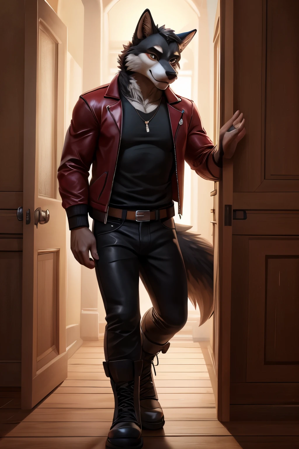 black wolf. male. wearing red t- shirt, black lather jacket, black jeans, black boots,