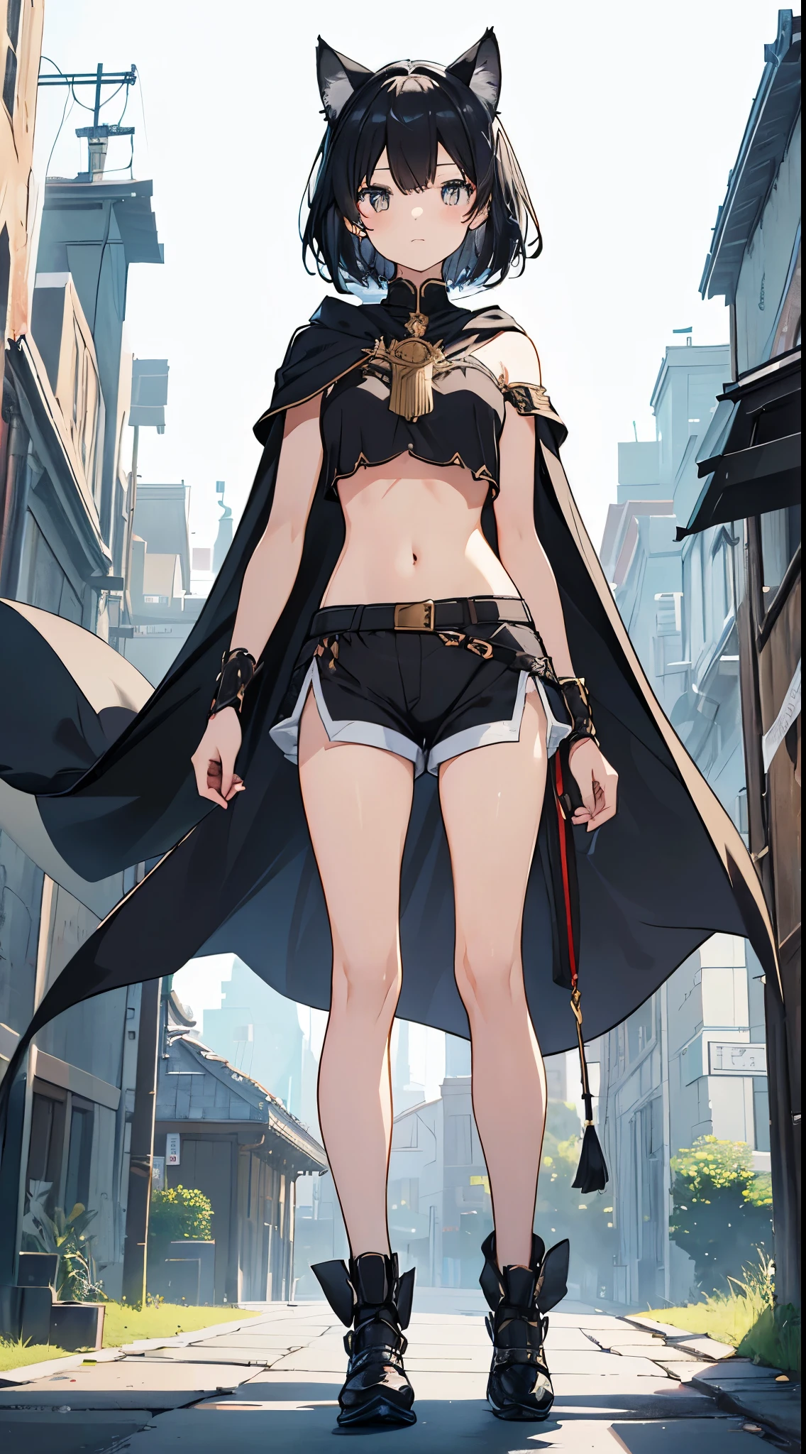 alone，absurd solution、High resolution、confronting the viewing angle，(masterpiece:1.4)、super detailed、(finger details),(一人のgirl)、美しい詳細なgirl、detailed face、transparent and beautiful, With the character as the main point of view, glowing skin, girl, woman, young, (black costume),((cat ears))、(black hair)、(black hairの),(Habitual hair、shortcut)、(short hair),black eye，cute、beautiful face、beautiful eyes,fantasy costume,original character,((wearing armor))、(robe),(cloak),((medieval european costumes)),,(big breasts:0.7), (crop top:1.5), (Holter shoulder:1.3),(shorts:1.3), (barefoot:1.1),(cape:1.3),(confronting:1.2),(whole bodyポートレート),(Are standing:1.3),(wearing shoes:1.5),tachi-e, whole body, white background,