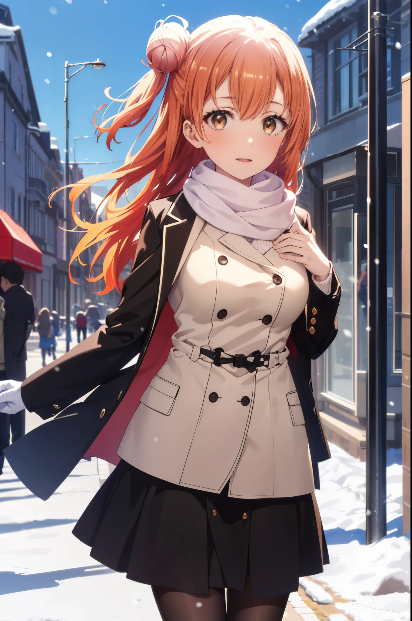 yuiyuigahama, yui yuigahama, long hair, (brown eyes:1.5), (orange hair:1.2), bun hair, single bun hair, open your mouth,smile, (big breasts:1.2),pink long coat There is an open front,red muffler,white sweater,long skirt,black pantyhose,short boots,Chunky gloves,It's snowing,snow is falling,winter,cold sky,朝日
break outdoors,In town ,building street,
break looking at viewer looking up from below, (cowboy shot:1.5),
break (masterpiece:1.2), highest quality, High resolution, unity 8k wallpaper, (figure:0.8), (detailed and beautiful eyes:1.6), highly detailed face, perfect lighting, Very detailed CG, (perfect hands, perfect anatomy),