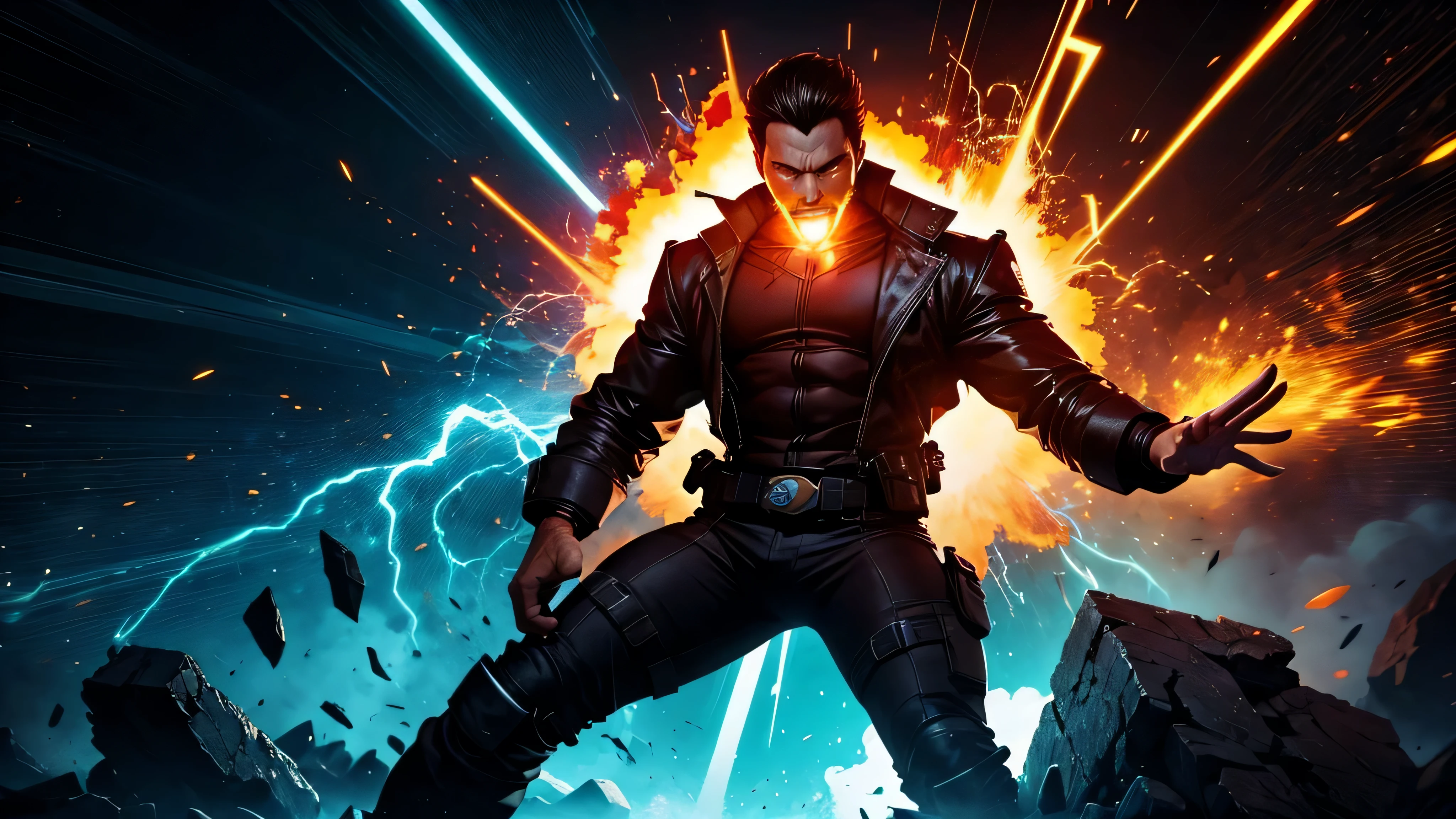Epic explosion: Um personagem masculino poderoso detonando um ataque devastador, com efeitos visuais vibrantes e intensos.