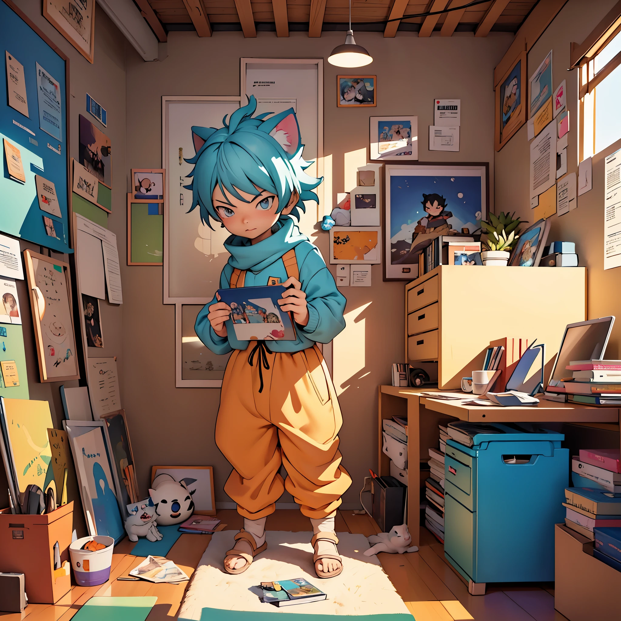 Digital art of a kitten in his room studying programming , Wearing a scarf around your neck , fone de ouvido , estilo cartoon de Laurie Greasley , studio ghibli , akira toriyama , james gilleard , genshin impact , trending pixiv fanbox , acrylic palette knife , 4k , cores vibrantes , devinart , Trends on artstation