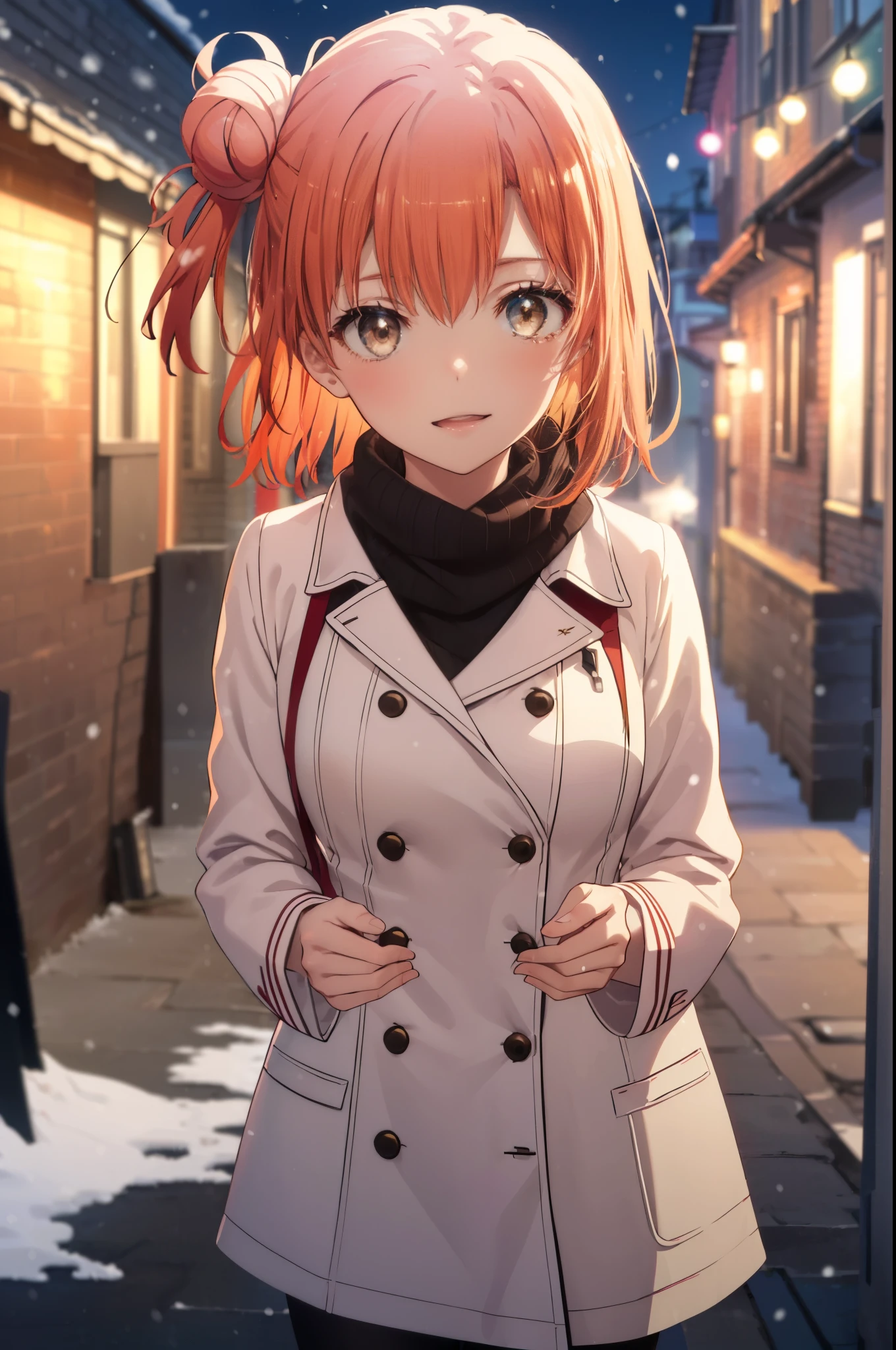 yuiyuigahama, yui yuigahama, long hair, (brown eyes:1.5), (orange hair:1.2), bun hair, single bun hair, open your mouth,smile, (big breasts:1.2),pink long coat There is an open front,red muffler,white sweater,long skirt,black pantyhose,short boots,It's snowing,snow is falling,winter,cold sky,朝日
break outdoors,In town ,building street,
break looking at viewer looking up from below, (cowboy shot:1.5),
break (masterpiece:1.2), highest quality, High resolution, unity 8k wallpaper, (figure:0.8), (detailed and beautiful eyes:1.6), highly detailed face, perfect lighting, Very detailed CG, (perfect hands, perfect anatomy),
