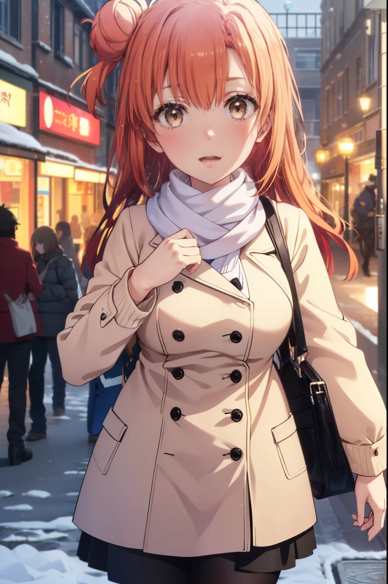 yuiyuigahama, yui yuigahama, long hair, (brown eyes:1.5), (orange hair:1.2), bun hair, single bun hair, open your mouth,smile, (big breasts:1.2),pink long coat　There is an open front,red muffler,white sweater,long skirt,black pantyhose,short boots,It&#39;s snowing,snow is falling,winter,cold sky,朝日
break outdoors,In town ,building street,
break looking at viewer　looking up from below, (cowboy shot:1.5),
break (masterpiece:1.2), highest quality, High resolution, unity 8k wallpaper, (figure:0.8), (detailed and beautiful eyes:1.6), highly detailed face, perfect lighting, Very detailed CG, (perfect hands, perfect anatomy),