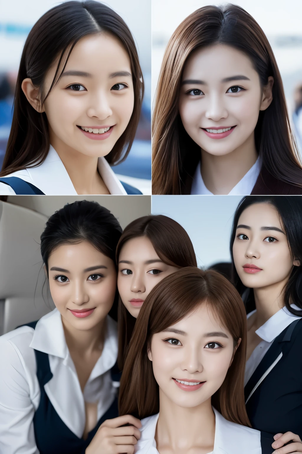 top-quality, masterpiece, 8K, 超A high resolution, (Photorealsitic:1.4), 1girl in、beautiful face、symmetrical eye、Colossal 、Perfect body proportion、cleavage of the breast、Stewardess、Look at viewers、A smile、(Inside the plane:1.2)、front-facing view、Shoulder、Absolute area(1.3)、