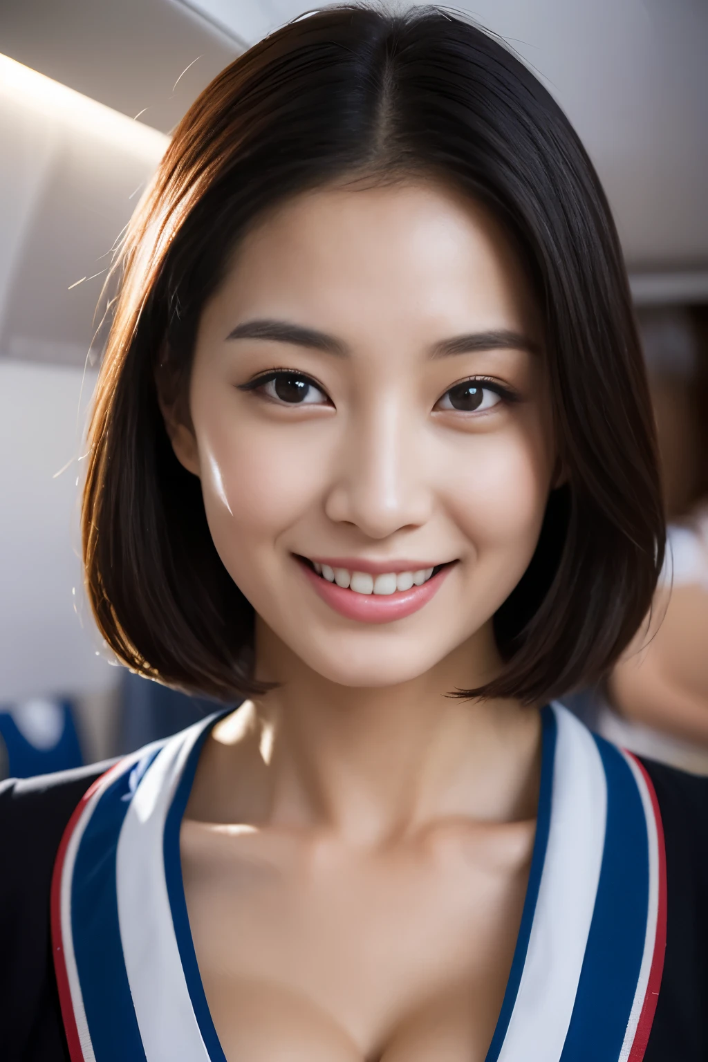 top-quality, ​masterpiece, 8K, 超A high resolution, (Photorealsitic:1.4), 1girl in、beautiful face、symmetrical eye、Colossal 、Perfect body proportion、cleavage of the breast、Stewardess、Look at viewers、A smile、(Inside the plane:1.2)、front-facing view、Shoulder、Absolute area(1.3)、