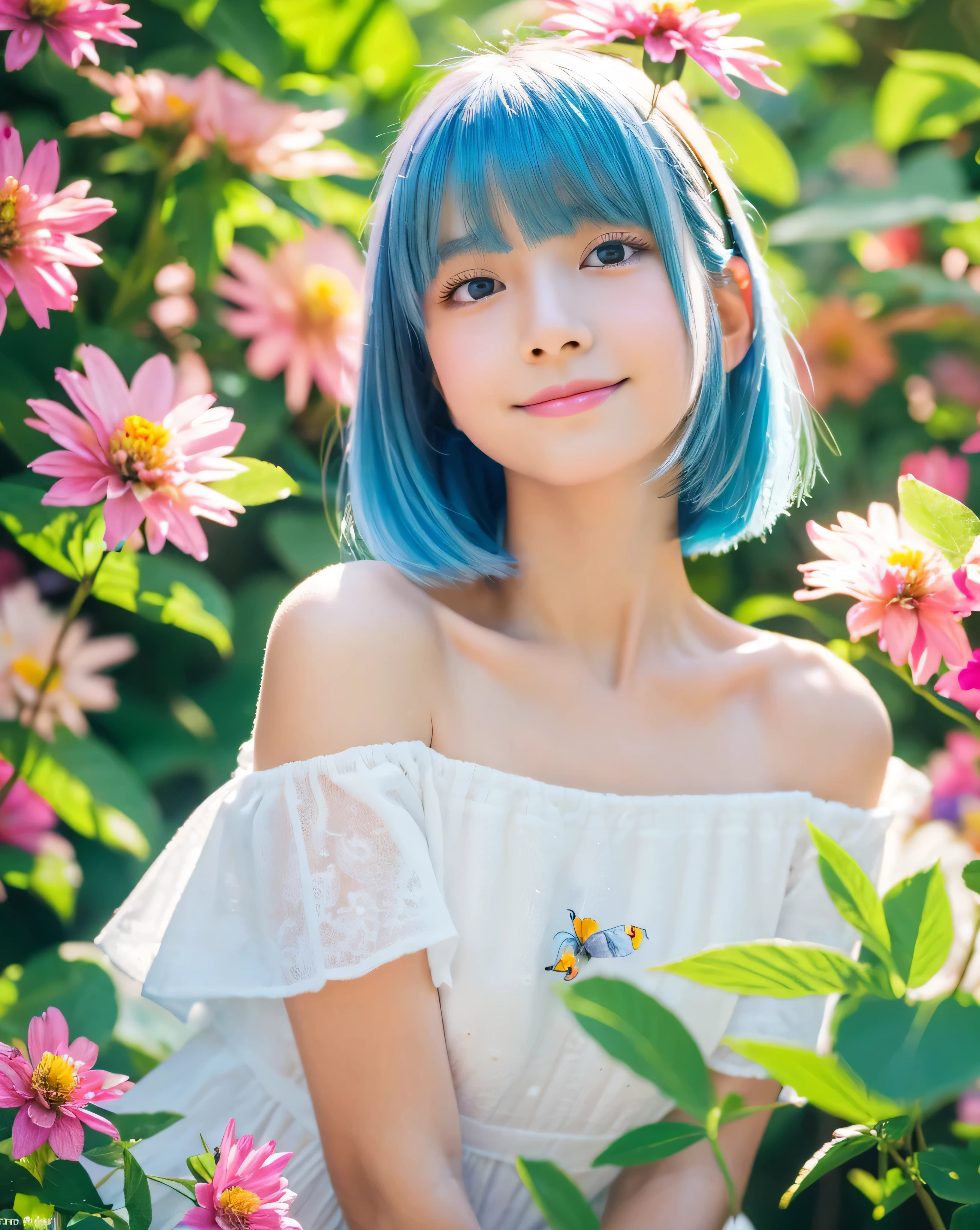 beautiful japanese girl, 14 years old, (whole body:1.3), fine pastel blue hair, Beautiful bob cut, asymmetrical bangs, thin eyebrows, big magic eyes, High resolution moist eyes, Light pink lip, smooth soft skin, natural makeup, gentle smile, profile, Slightly upwards, white dress, simple dress, off shoulder, mini skirt, Detailed and perfect clavicle, Beautiful chest in high resolution, soft and plump breasts, beautiful legs in high resolution, Rainbow Forest, (100+ colorful flowers:1.5), (100+ brightly colored butterflies々:1.3), (100+ Colorful little birds:1.2), big and beautiful waterfall, fantasy, professional lighting, professional photographer