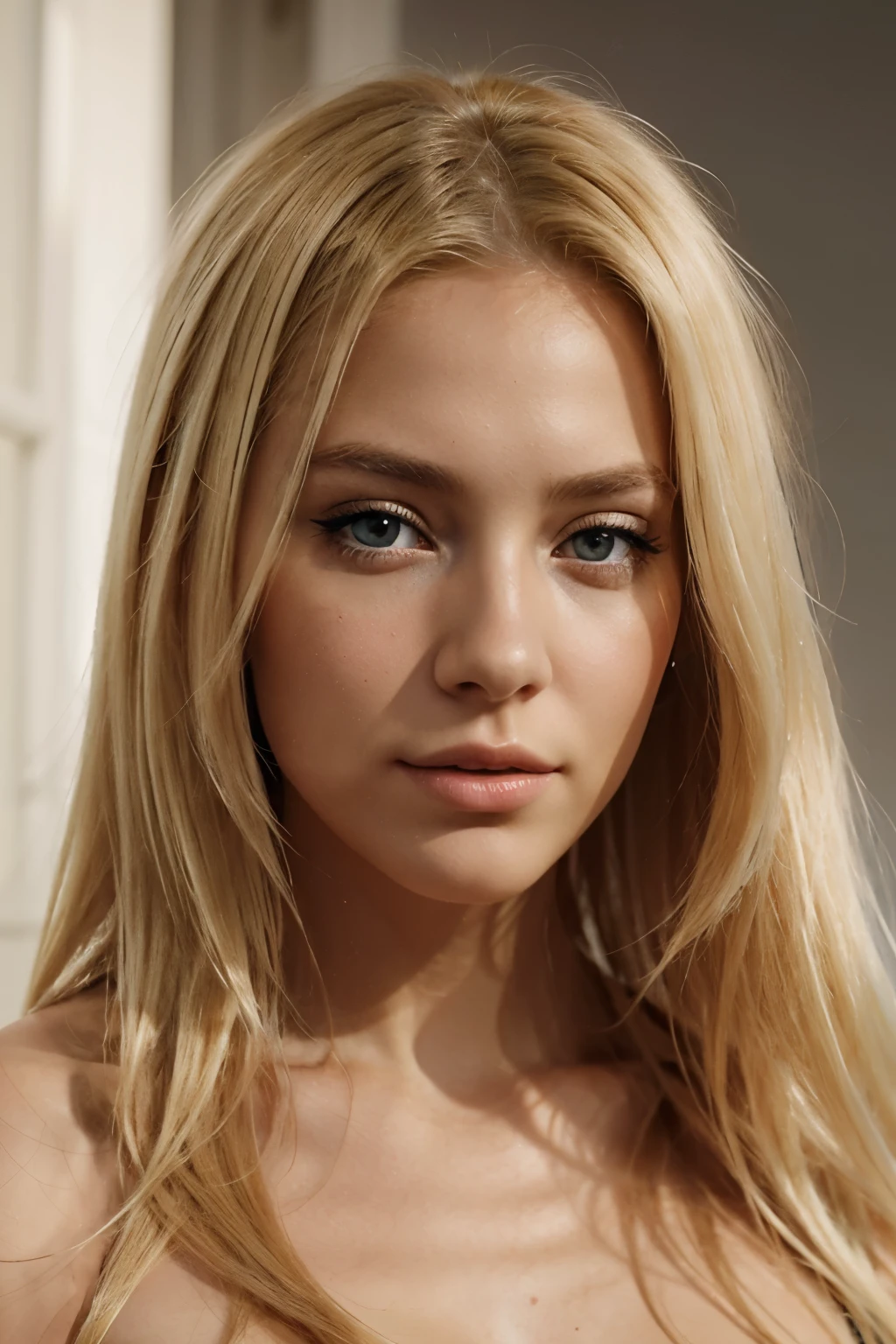 femme blonde aux cheveux longs et aux yeux bleus posant pour une photo, digital art inspired by Károly Lotz, trend on the CG company, digital art, cheveux blonds et grands yeux, belle femme blonde, long cheveux blonds et grands yeux, Belle fille blonde, traits blonds et attrayants, une fille aux cheveux blonds, beautiful female model, digital art. photo realistic
